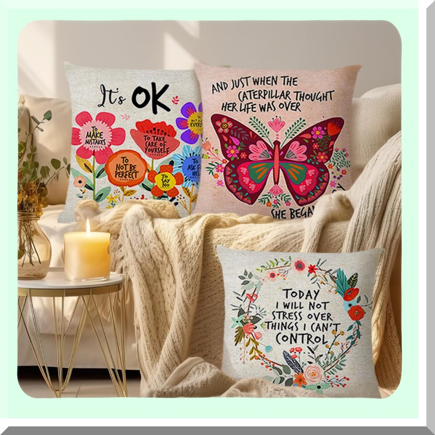 Butterfly Blooms Inspirational Pillow Covers - Set of 2 | Colorful Flowers Decorative Throw Pillow Cases for Girls & Women | Inspirational Gifts for Friends | It's OK Quote