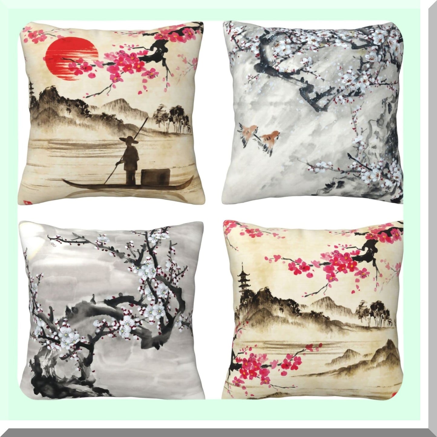 Watercolor Blossom Vintage Pillow Covers - Set of 4, Spring Cherry Lakes Hills Girls Women Retro Traditional Throw Pillow Covers for Living Room Bedroom Sofa Party Decor 16x16