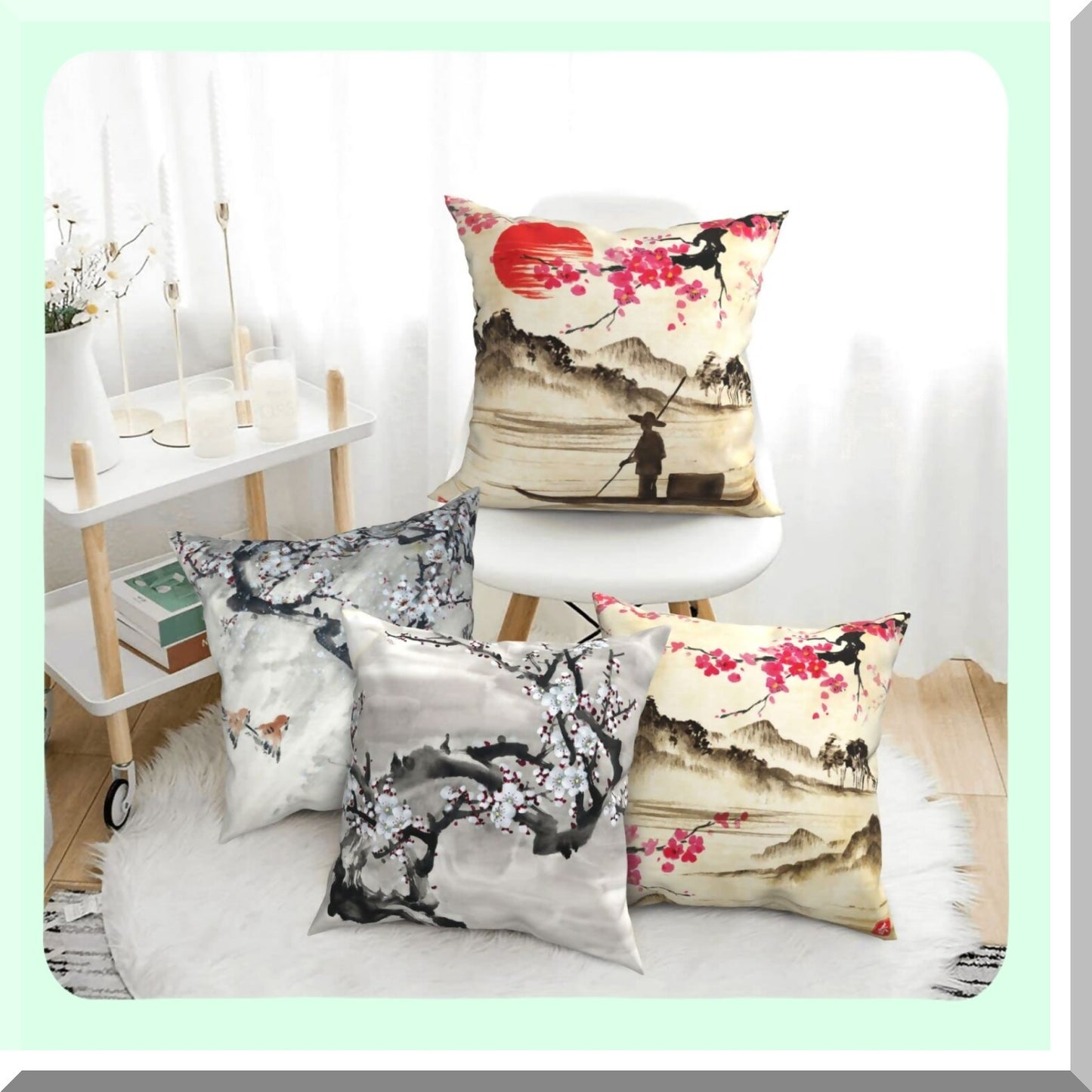 Watercolor Blossom Vintage Pillow Covers - Set of 4, Spring Cherry Lakes Hills Girls Women Retro Traditional Throw Pillow Covers for Living Room Bedroom Sofa Party Decor 16x16