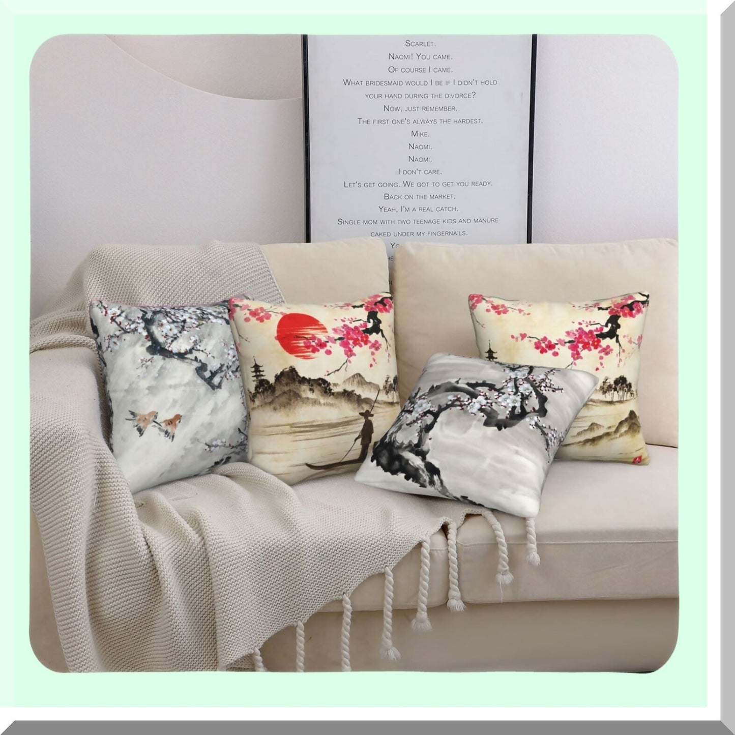 Watercolor Blossom Vintage Pillow Covers - Set of 4, Spring Cherry Lakes Hills Girls Women Retro Traditional Throw Pillow Covers for Living Room Bedroom Sofa Party Decor 16x16