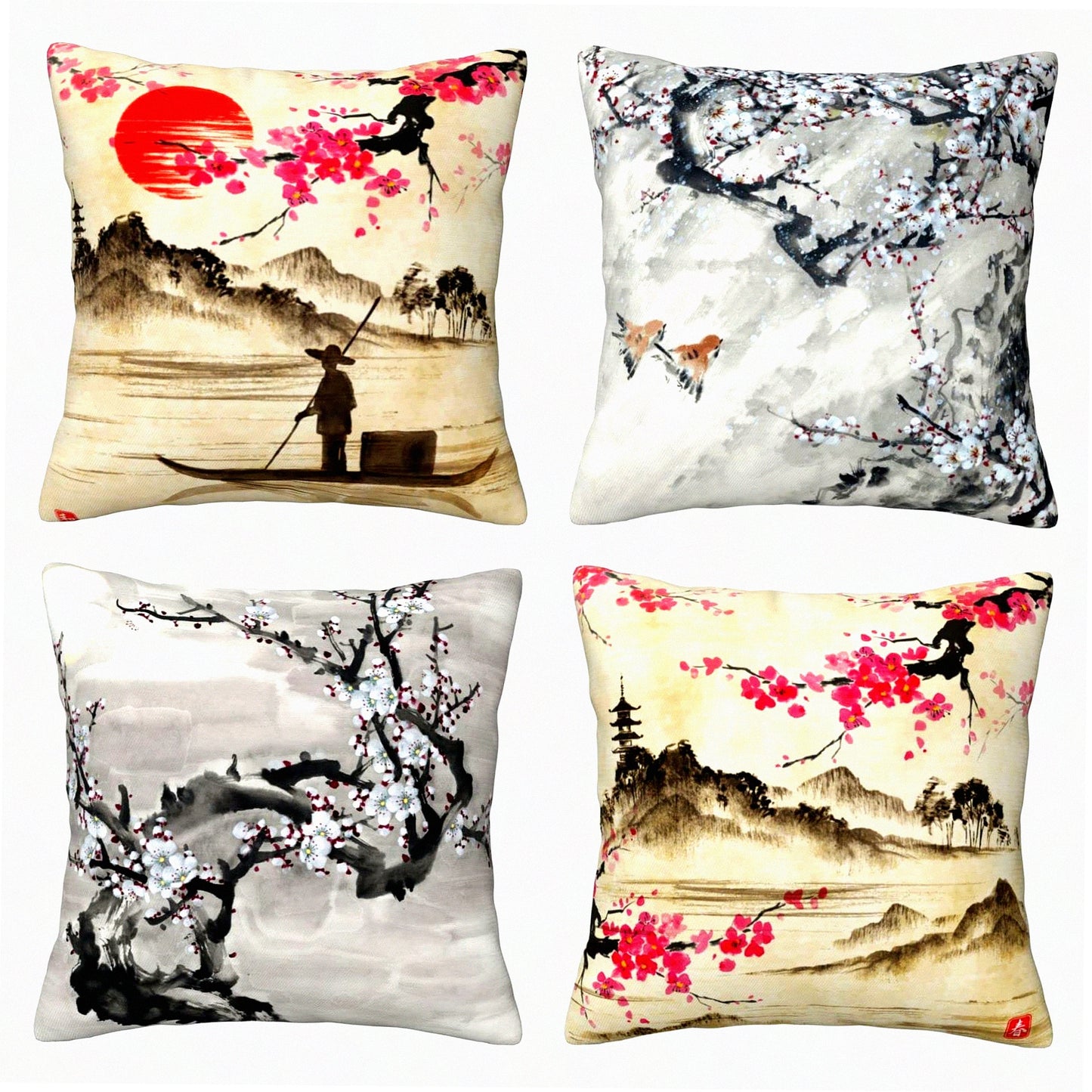 Watercolor Blossom Vintage Pillow Covers - Set of 4, Spring Cherry Lakes Hills Girls Women Retro Traditional Throw Pillow Covers for Living Room Bedroom Sofa Party Decor 16x16