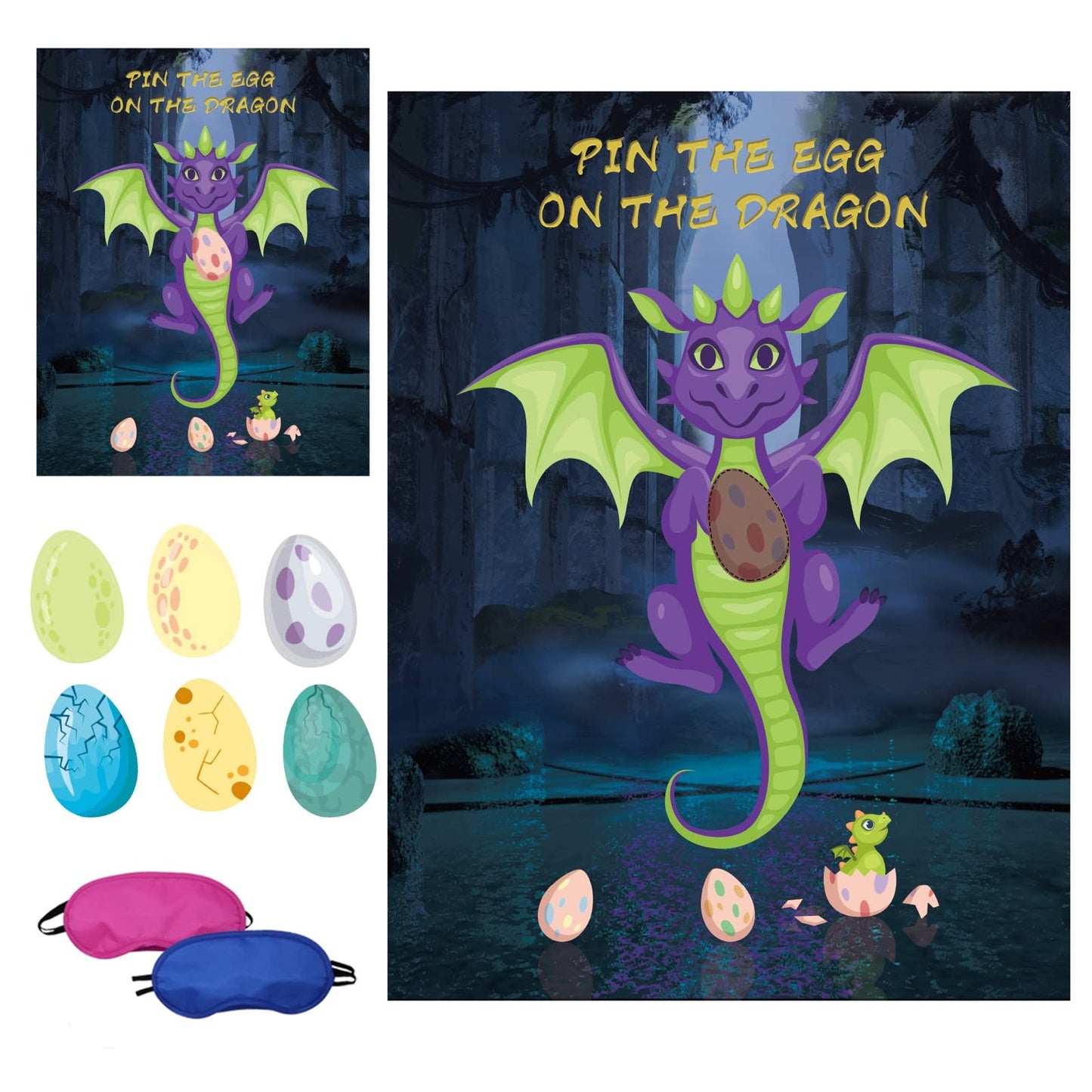Dragon Egg Hunt Party Game Set - 36 Pack Dragon Egg Sticker & Bow, Dragon Theme Birthday Supplies for Kids, Magical Dragon Poster Wall Decor - Fun for Girls & Boys!