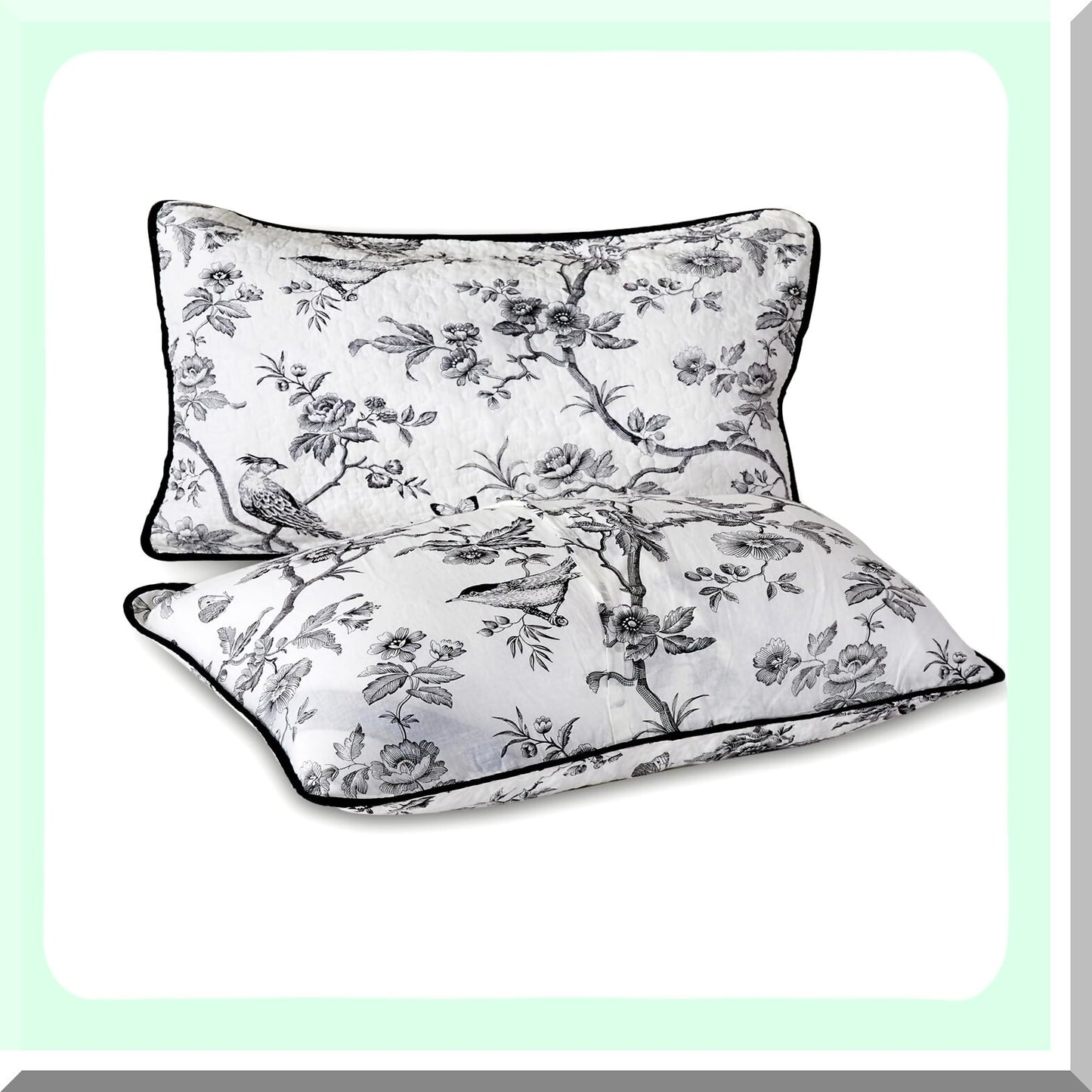 Quilted Black Bird Cotton Pillow Shams Set - Double Patterns Matching Bedding Decoration - Oblong 12x24 Pillowcase - Set of 2
