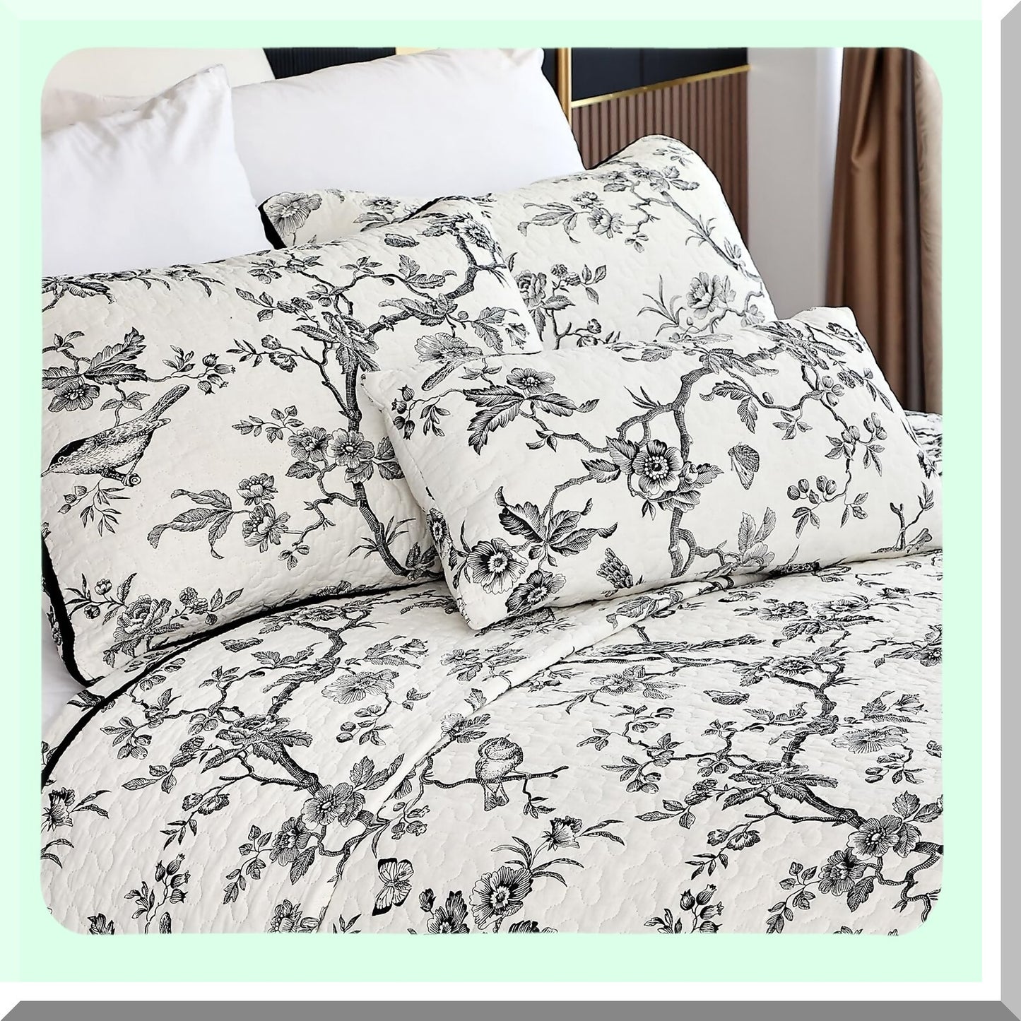 Quilted Black Bird Cotton Pillow Shams Set - Double Patterns Matching Bedding Decoration - Oblong 12x24 Pillowcase - Set of 2