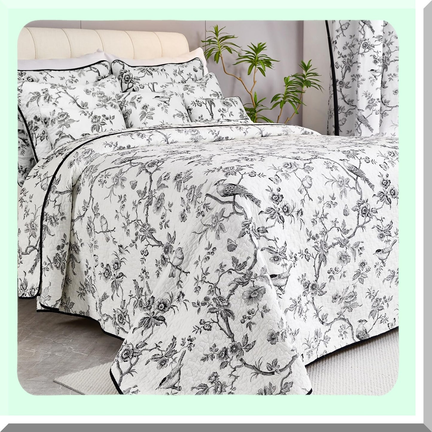 Quilted Black Bird Cotton Pillow Shams Set - Double Patterns Matching Bedding Decoration - Oblong 12x24 Pillowcase - Set of 2