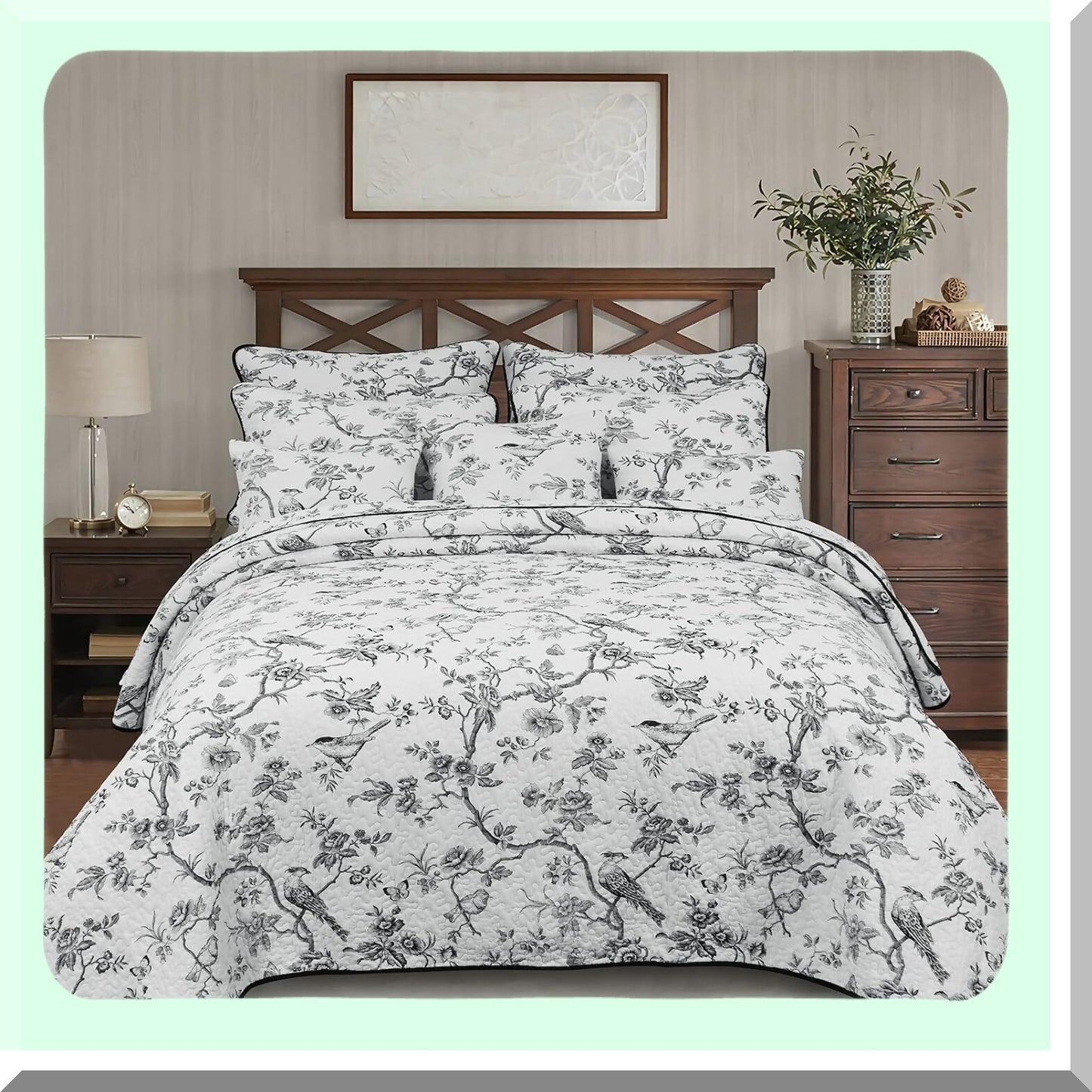 Quilted Black Bird Cotton Pillow Shams Set - Double Patterns Matching Bedding Decoration - Oblong 12x24 Pillowcase - Set of 2