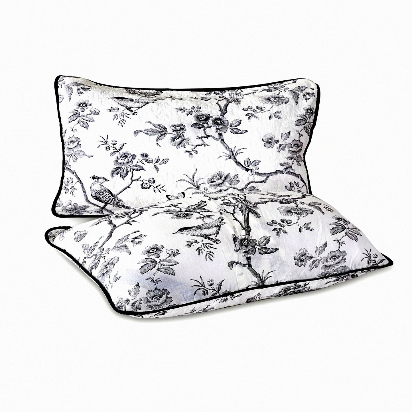 Quilted Black Bird Cotton Pillow Shams Set - Double Patterns Matching Bedding Decoration - Oblong 12x24 Pillowcase - Set of 2