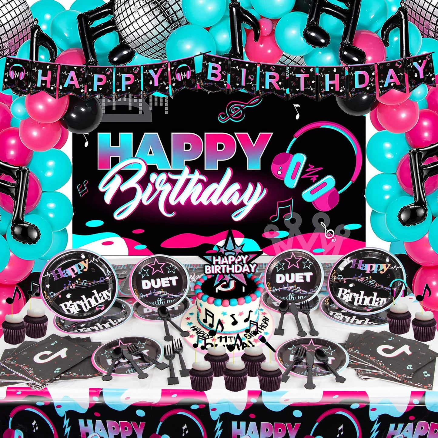 Groove Party Pack - Disco & Music Note Balloons, Banners, Backdrop, Napkins, Plates, Tableware Set for Kids Birthday Celebration. Let's Dance!