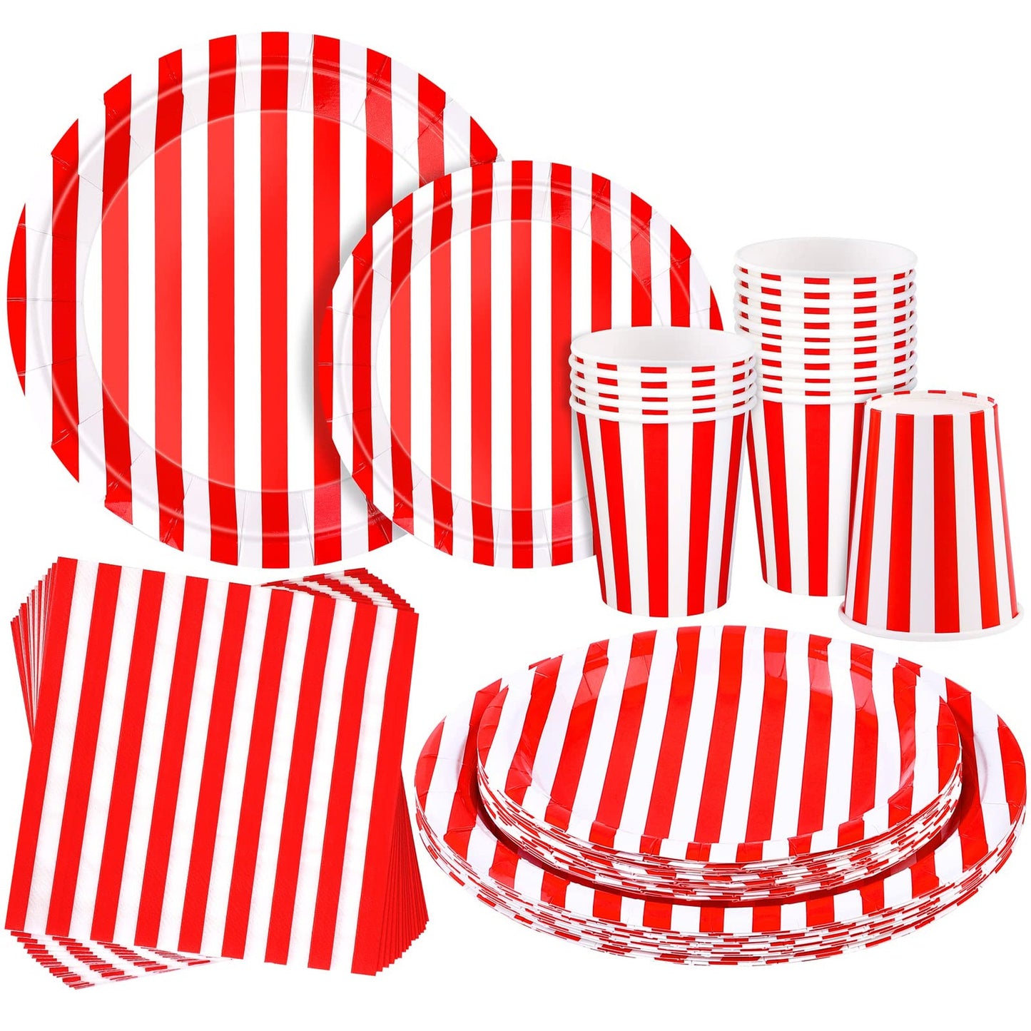 Circus Carnival Party Pack - 64 Piece Table Decor Set with White and Red Striped Paper Plates, Napkins, and Cups for Birthday and Picnic Parties