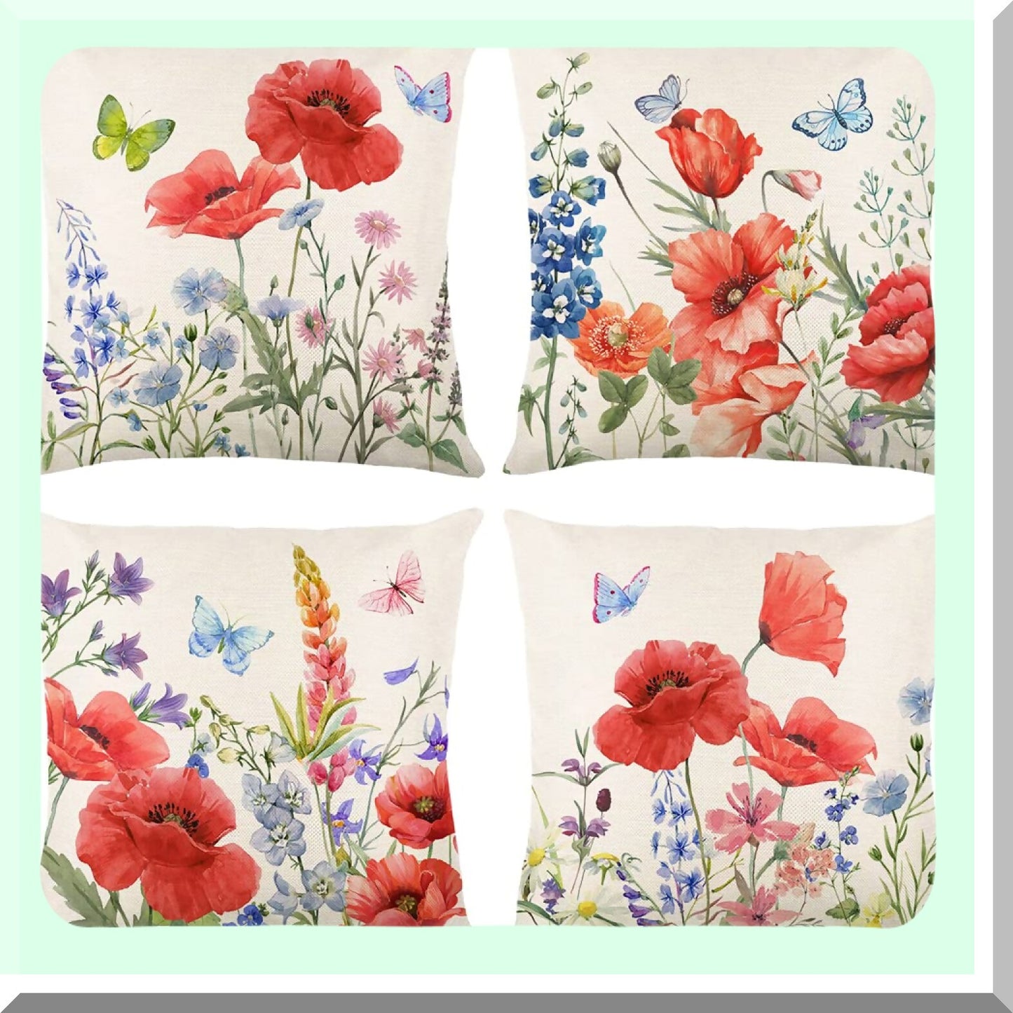 Rustic Red Poppy Floral Pillow Covers - Set of 4 Vintage Decorative Throw Pillow Covers for Indoor Outdoor Sofa Living Room Patio Decor 18"X18"