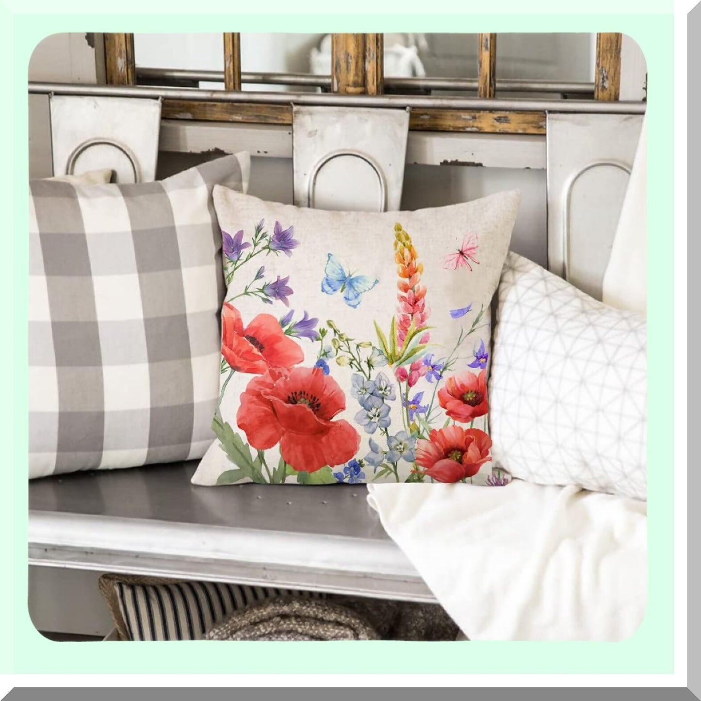Rustic Red Poppy Floral Pillow Covers - Set of 4 Vintage Decorative Throw Pillow Covers for Indoor Outdoor Sofa Living Room Patio Decor 18"X18"