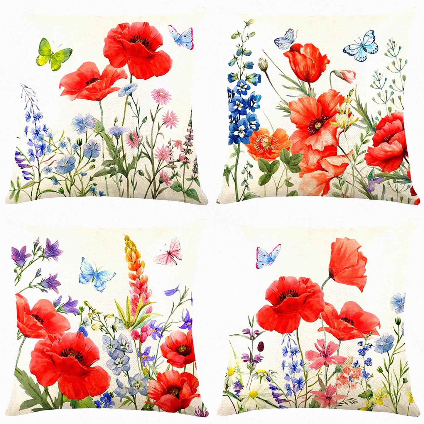 Rustic Red Poppy Floral Pillow Covers - Set of 4 Vintage Decorative Throw Pillow Covers for Indoor Outdoor Sofa Living Room Patio Decor 18"X18"