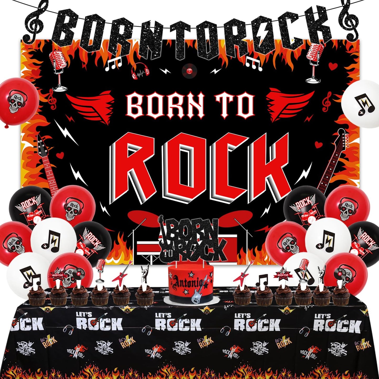 Rockin' Birthday Bash Kit - Rock and Roll Theme Party Pack with Balloons, Backdrop, Tablecover, Banner, Cake & Cupcake Toppers - Men, Women, Boys, Girls
