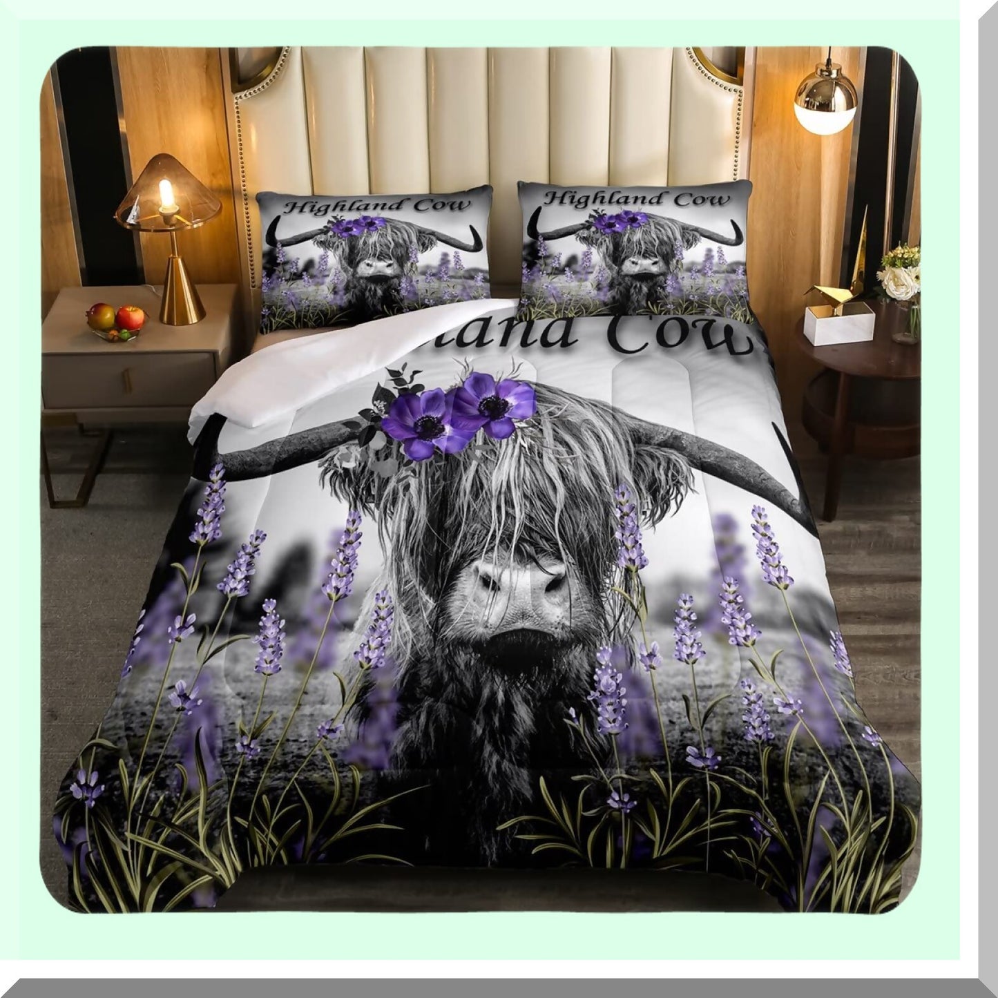 Wildflower Highland Cow Queen Comforter Set - Bull Cattle Bedding with Funny Animal Duvet Insert, Farmhouse Quilted Comforter, Purple Floral & Green Garland Pillowcase