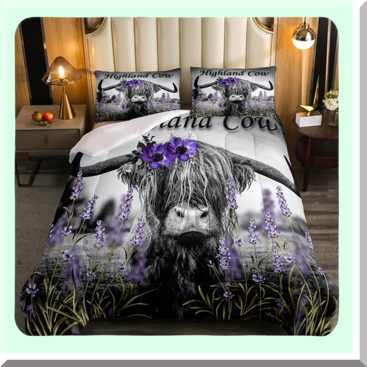 Wildflower Highland Cow Queen Comforter Set Compatible with Bull Cattle Bedding
