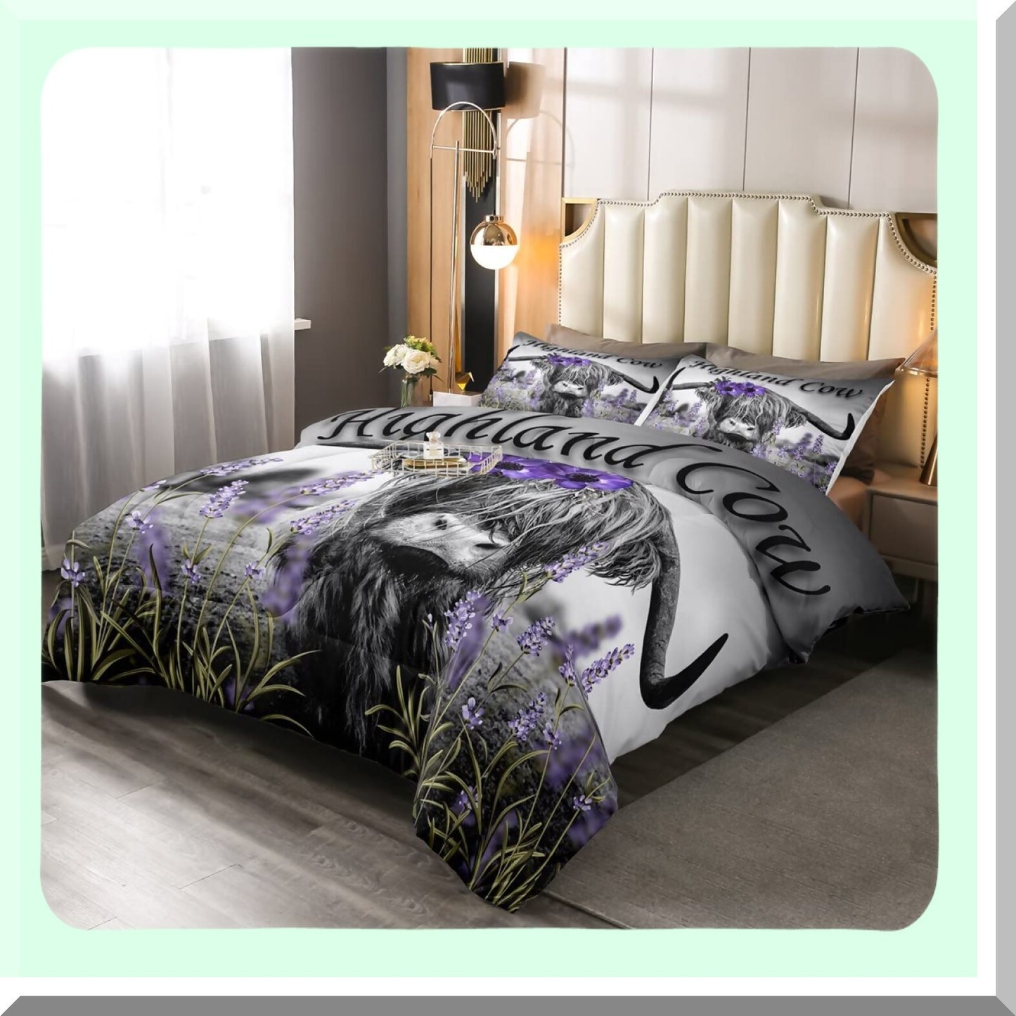 Wildflower Highland Cow Queen Comforter Set - Bull Cattle Bedding with Funny Animal Duvet Insert, Farmhouse Quilted Comforter, Purple Floral & Green Garland Pillowcase