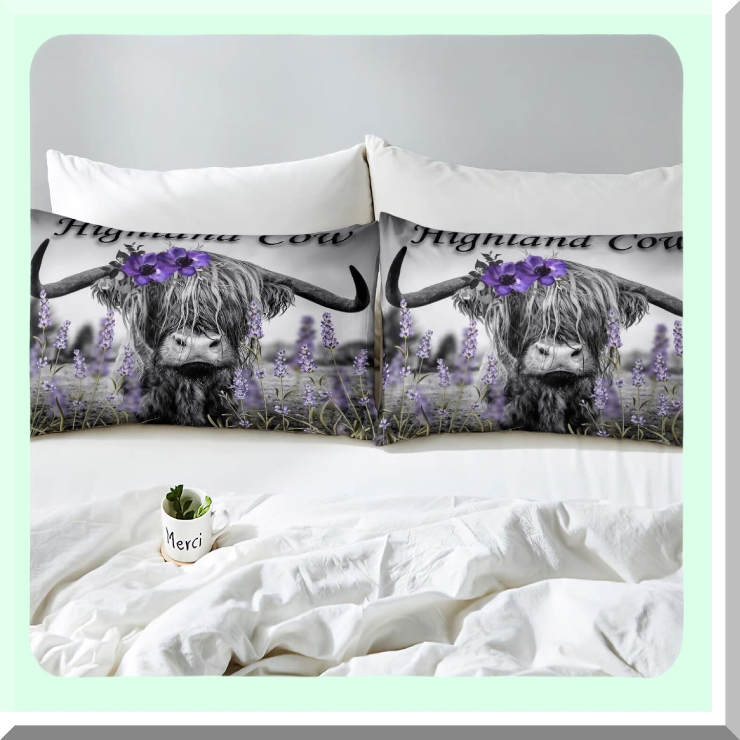 Wildflower Highland Cow Queen Comforter Set - Bull Cattle Bedding with Funny Animal Duvet Insert, Farmhouse Quilted Comforter, Purple Floral & Green Garland Pillowcase