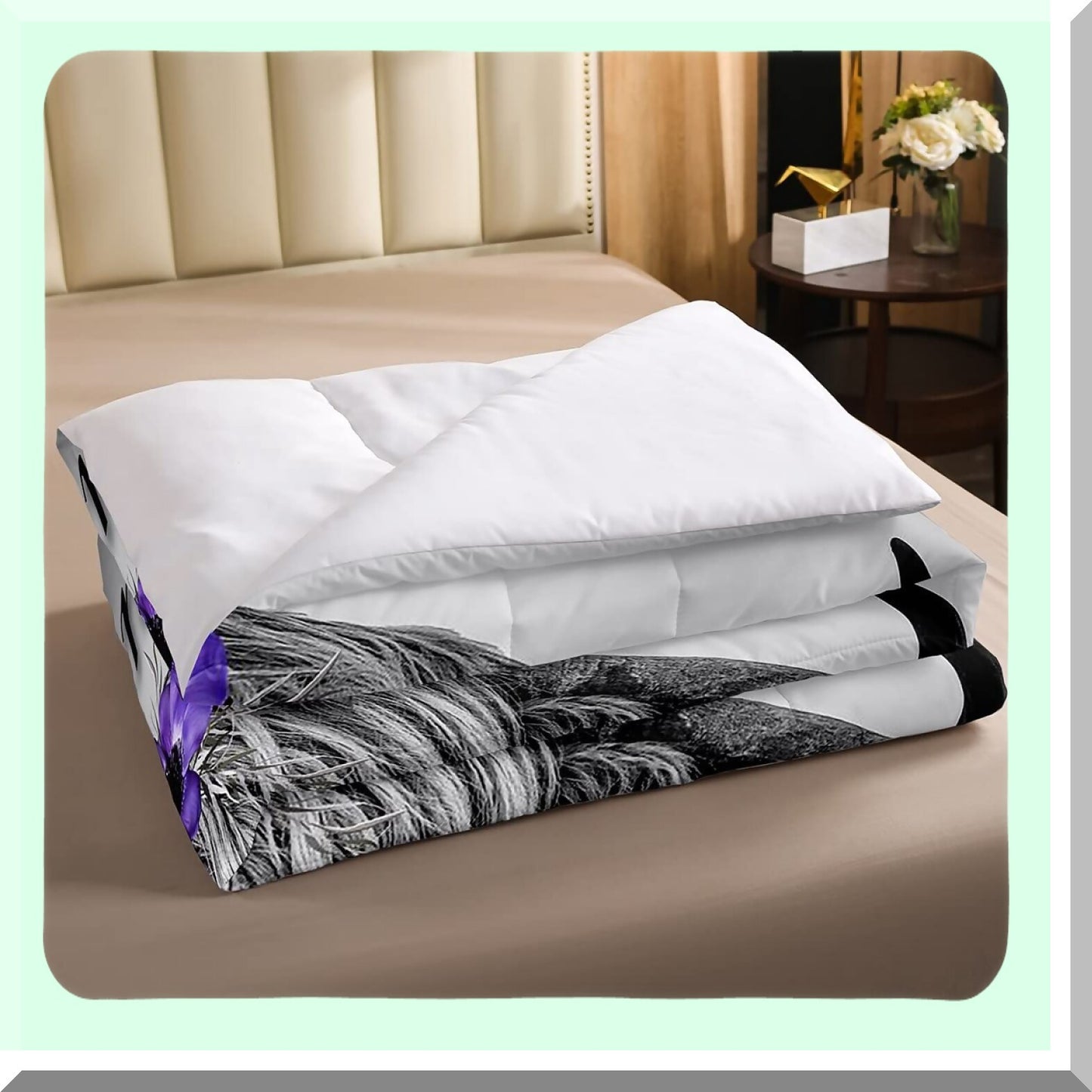 Wildflower Highland Cow Queen Comforter Set - Bull Cattle Bedding with Funny Animal Duvet Insert, Farmhouse Quilted Comforter, Purple Floral & Green Garland Pillowcase