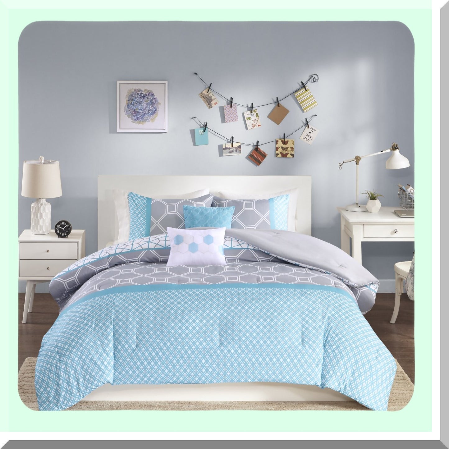 Blue Geometric All Seasons 5-Piece Comforter Set - Full/Queen Size with 1 Comforter, 2 Shams, 2 Decorative Pillows - Ideal for Guest Room - Cozy Home Essentials