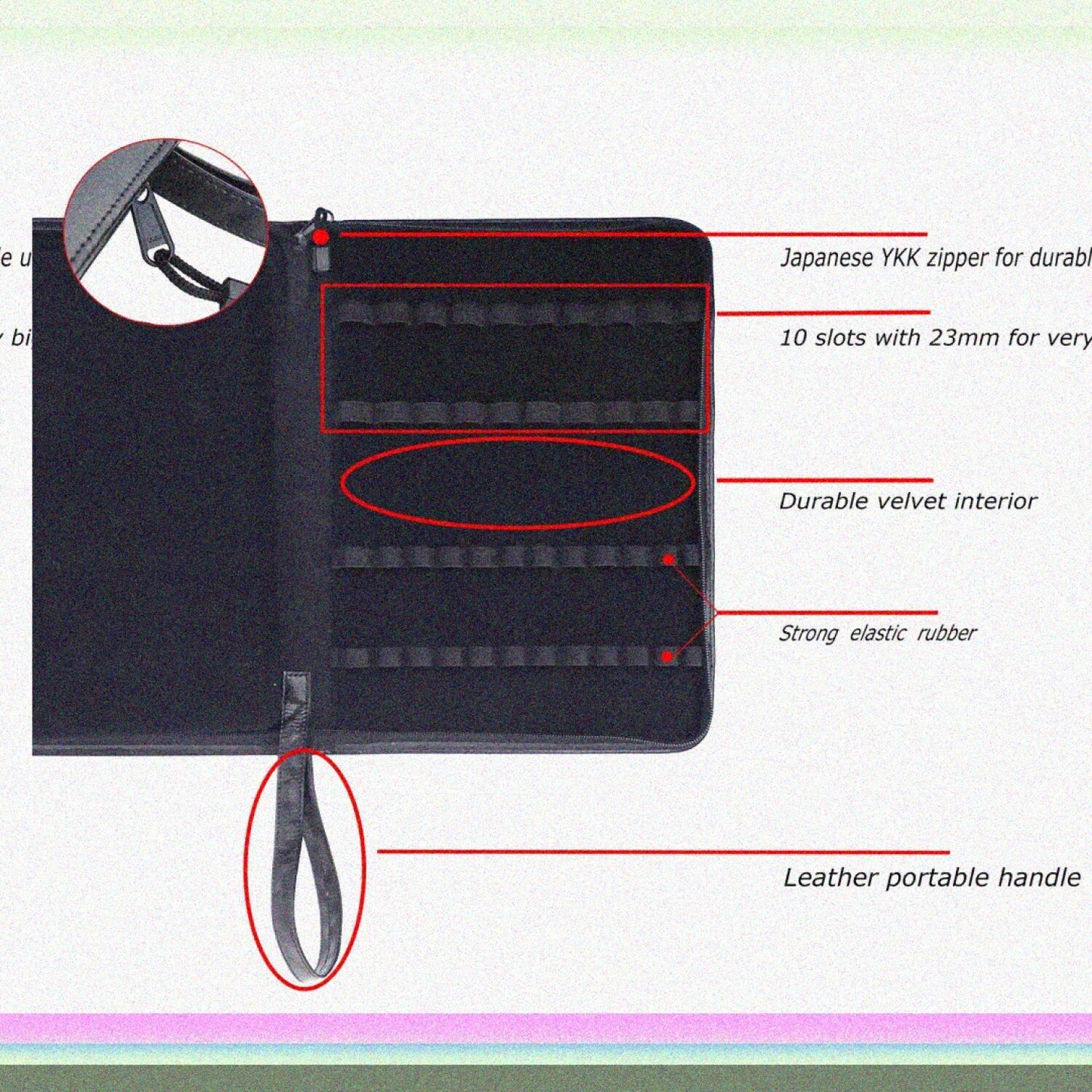 Black Cowhide Leather Fountain Pen Case 46 Slots