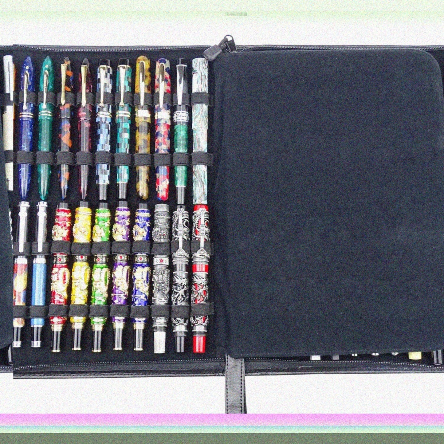 Black Cowhide Leather Fountain Pen Case 46 Slots