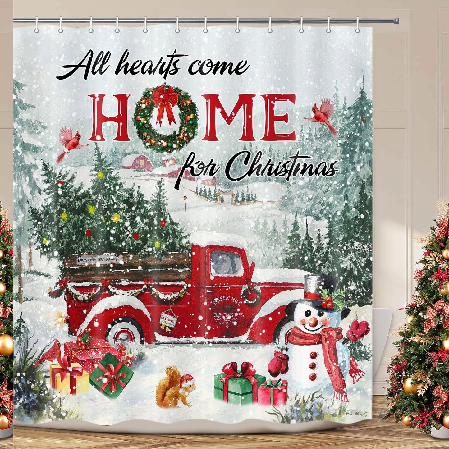Red Vintage Truck Xmas Snowman Shower Curtain 72x72