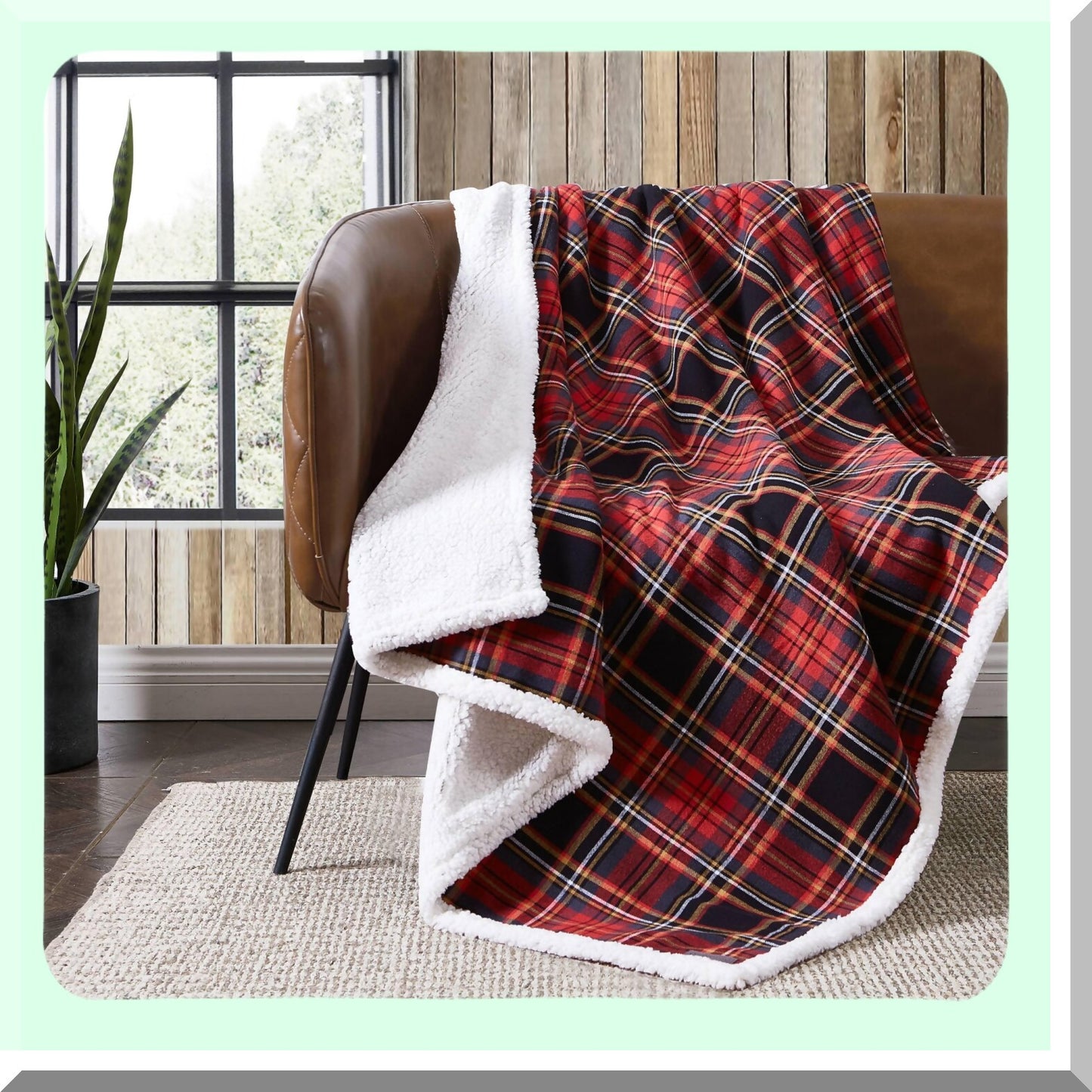 CozyMount Reversible Sherpa Throw Blanket - All Season Cotton Flannel Tartan Red Home Decor
