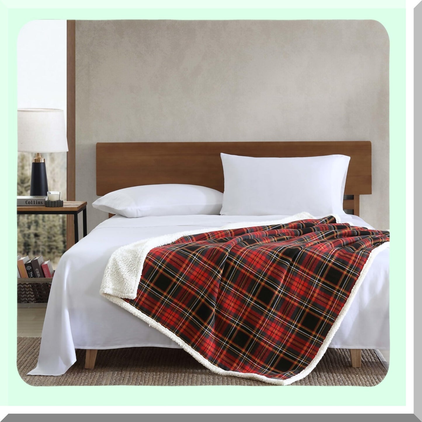 CozyMount Reversible Sherpa Throw Blanket - All Season Cotton Flannel Tartan Red Home Decor