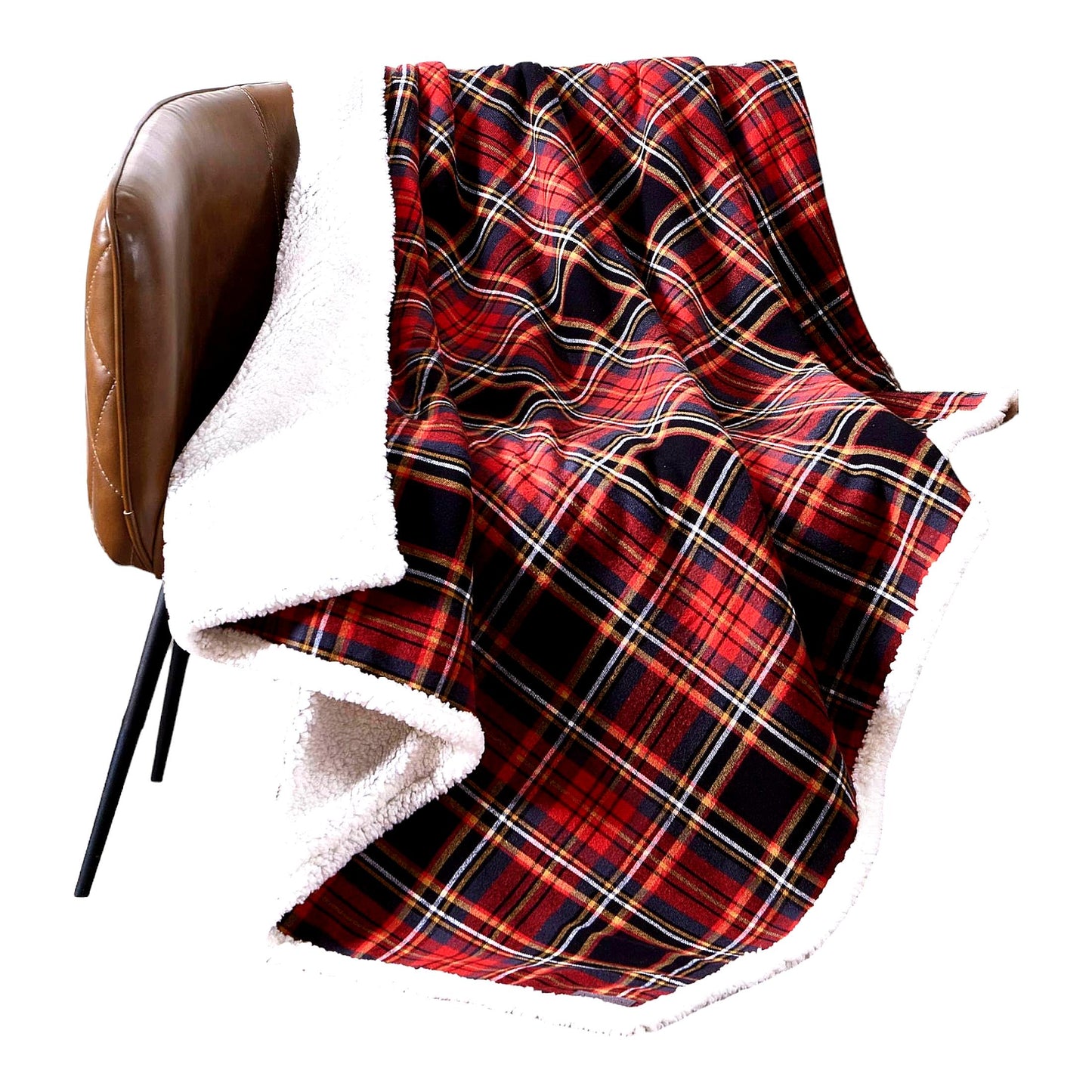 CozyMount Reversible Sherpa Throw Blanket - All Season Cotton Flannel Tartan Red Home Decor