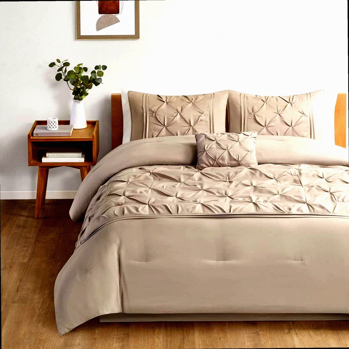 DiamondLux All Season Comforter Set - Silk Taupe 5 Piece Bedding Ensemble with Matching Bed Skirt & Decorative Pillows. Luxurious Diamond Tufting for Ultimate Comfort.