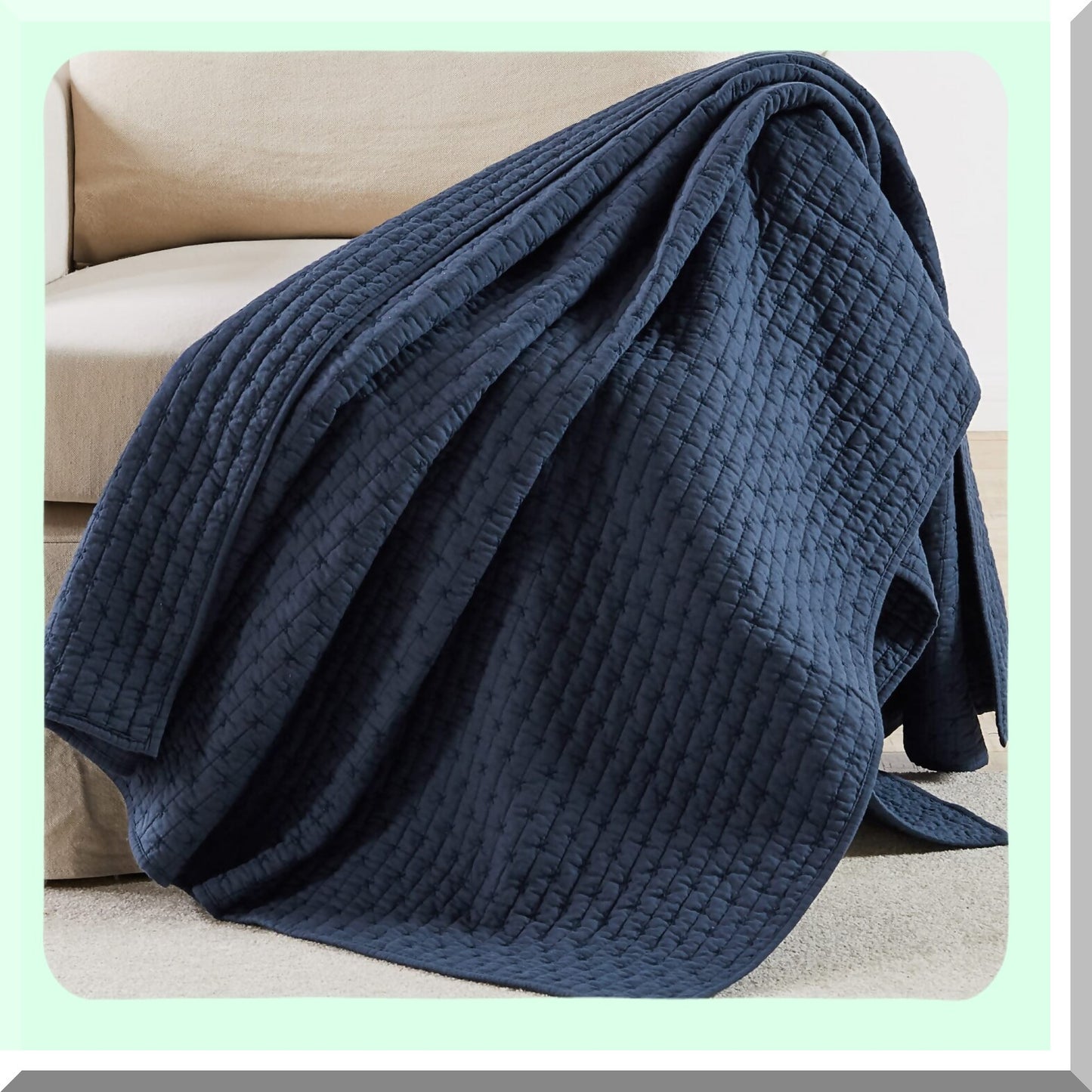 Navy Bliss Reversible Cotton Quilted Throw - 50x60in, Cross Stitch Design