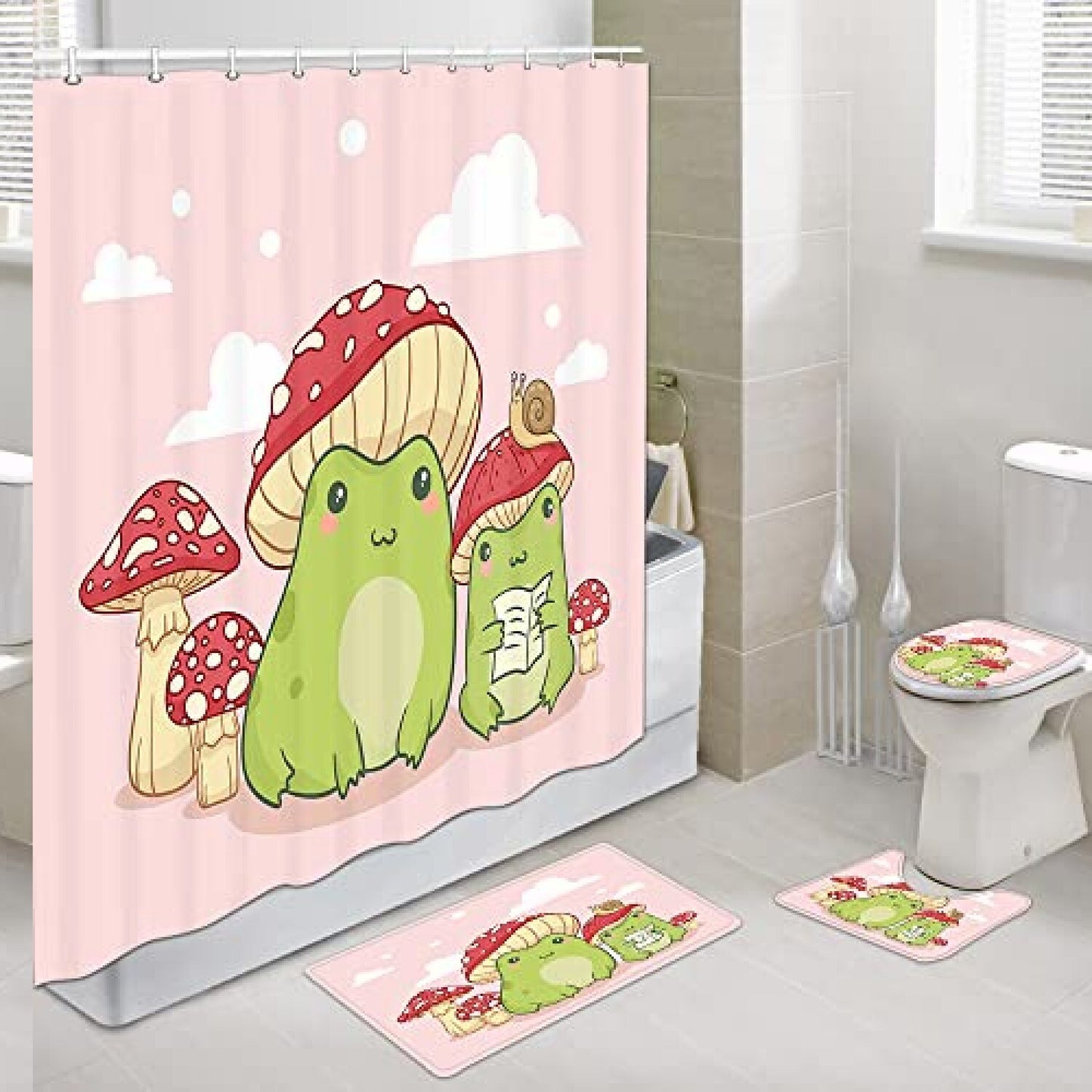 Kawaii Frog Mushroom Shower Curtain Set 69x70Inch