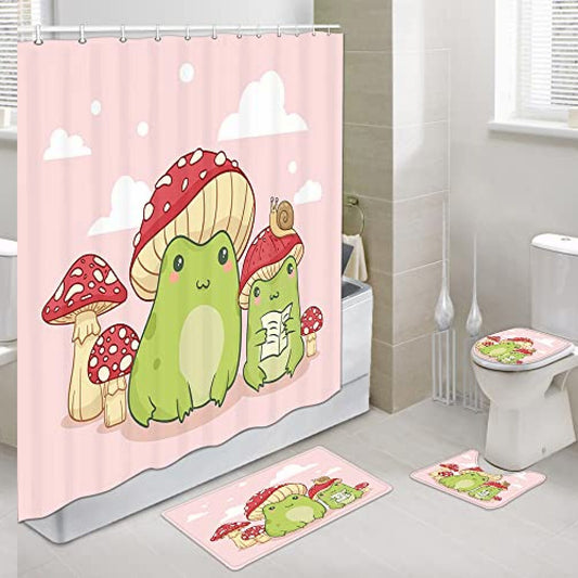 Kawaii Frog Mushroom Shower Curtain Set 69x70Inch
