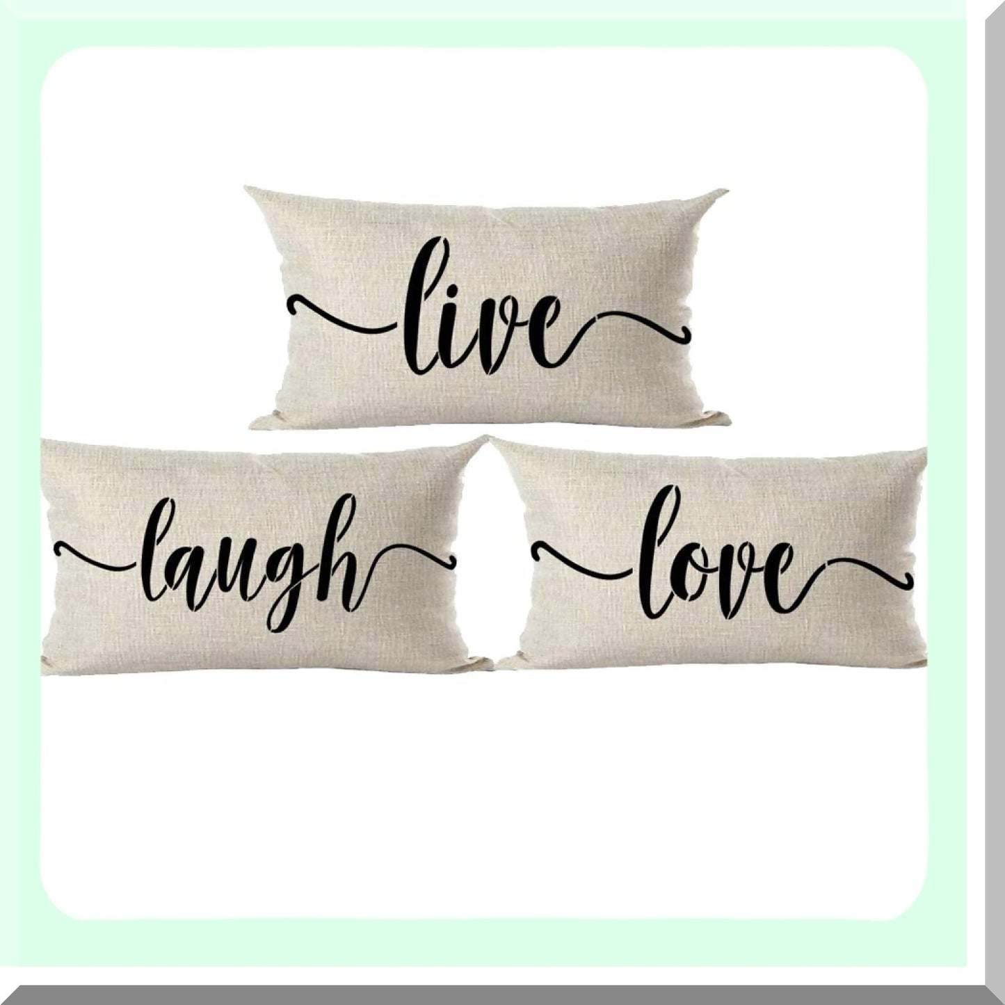 Live Laugh Love Decorative Lumbar Pillow Cover - Set of 3 Black Word Art Gift for Home Living Room Bed Sofa Car, Cotton Linen Rectangular 12 x 20 Inches