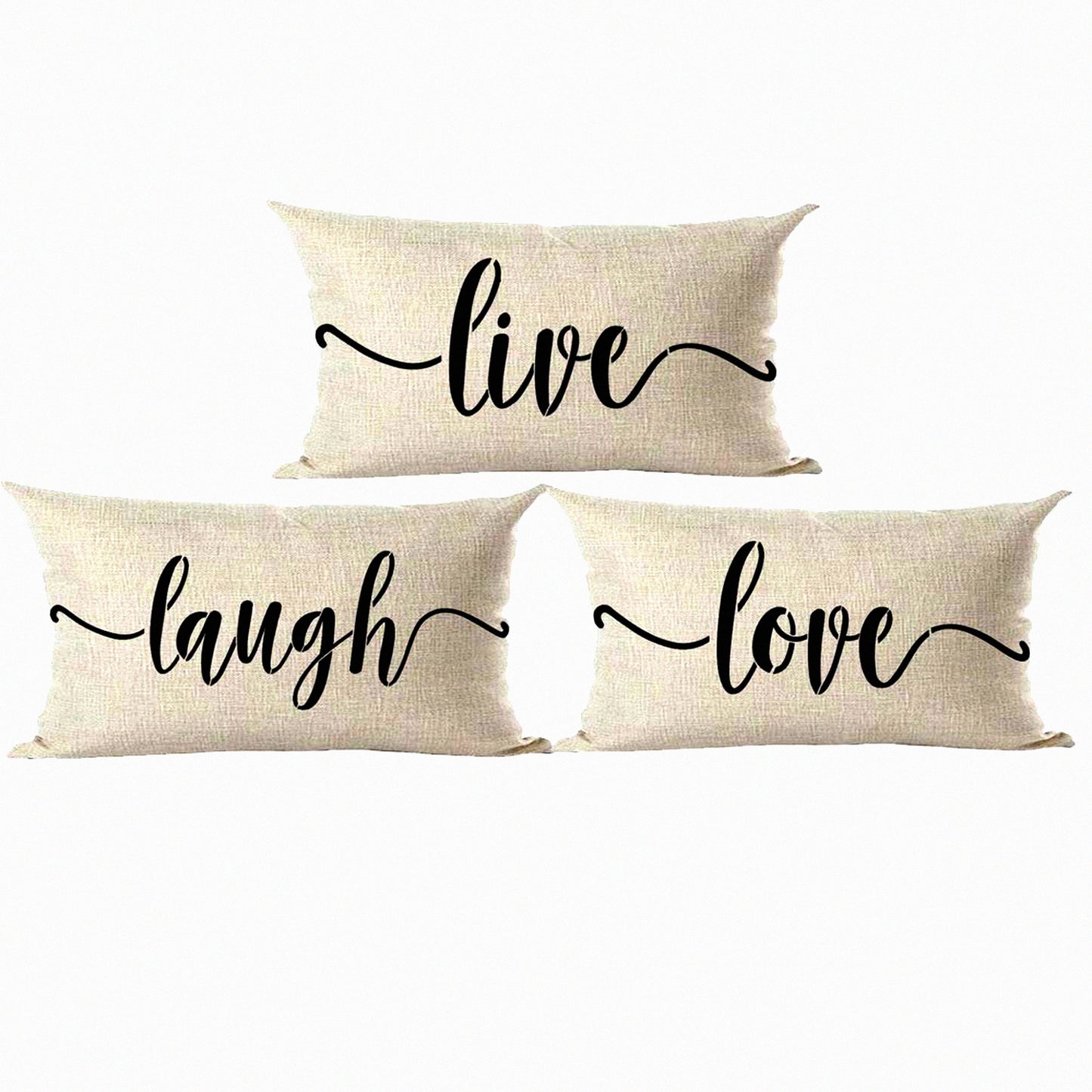 Live Laugh Love Decorative Lumbar Pillow Cover - Set of 3 Black Word Art Gift for Home Living Room Bed Sofa Car, Cotton Linen Rectangular 12 x 20 Inches