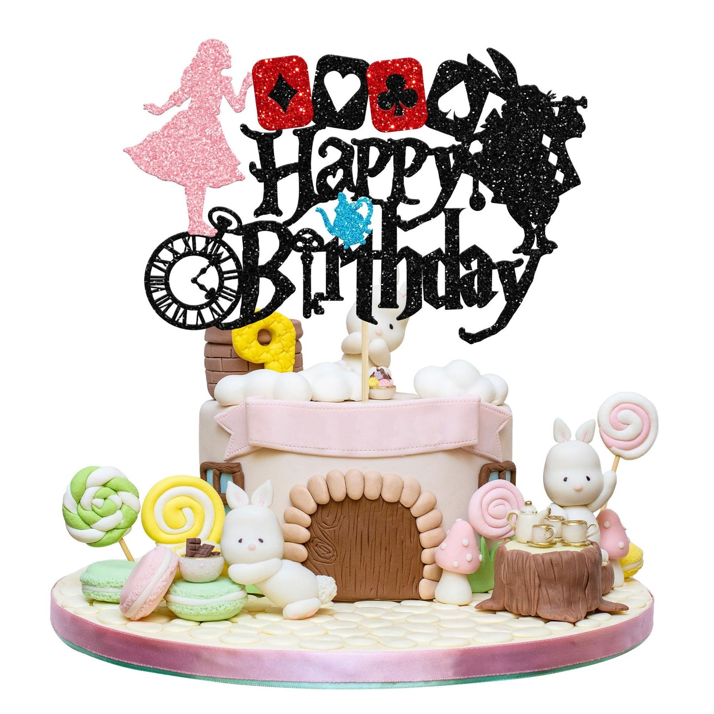 Glitter Bunny Wonderland Cake Topper - Birthday Party Decoration for Kids & Adults - Tea Party Celebration Supplies - Alice in The Wonderland Theme