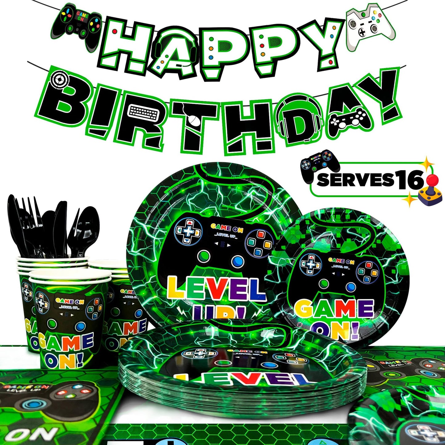 GameOn Party Pack - Complete set of 128 video game themed tableware for the ultimate gaming birthday celebration. Plates, cups, tablecloth, and banner included!