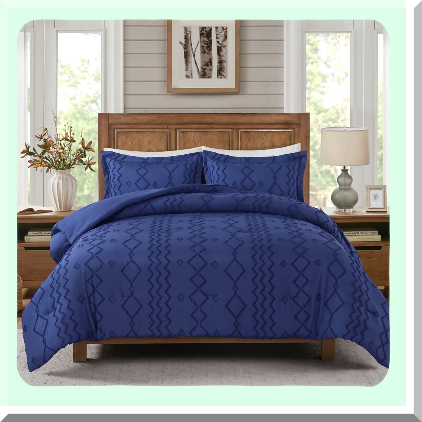 Navy Jacquard Tufted Comforter Set - Queen Size 3 Piece Bedding Set with Pillowcases. Shabby Chic Geometric Design for All Seasons.