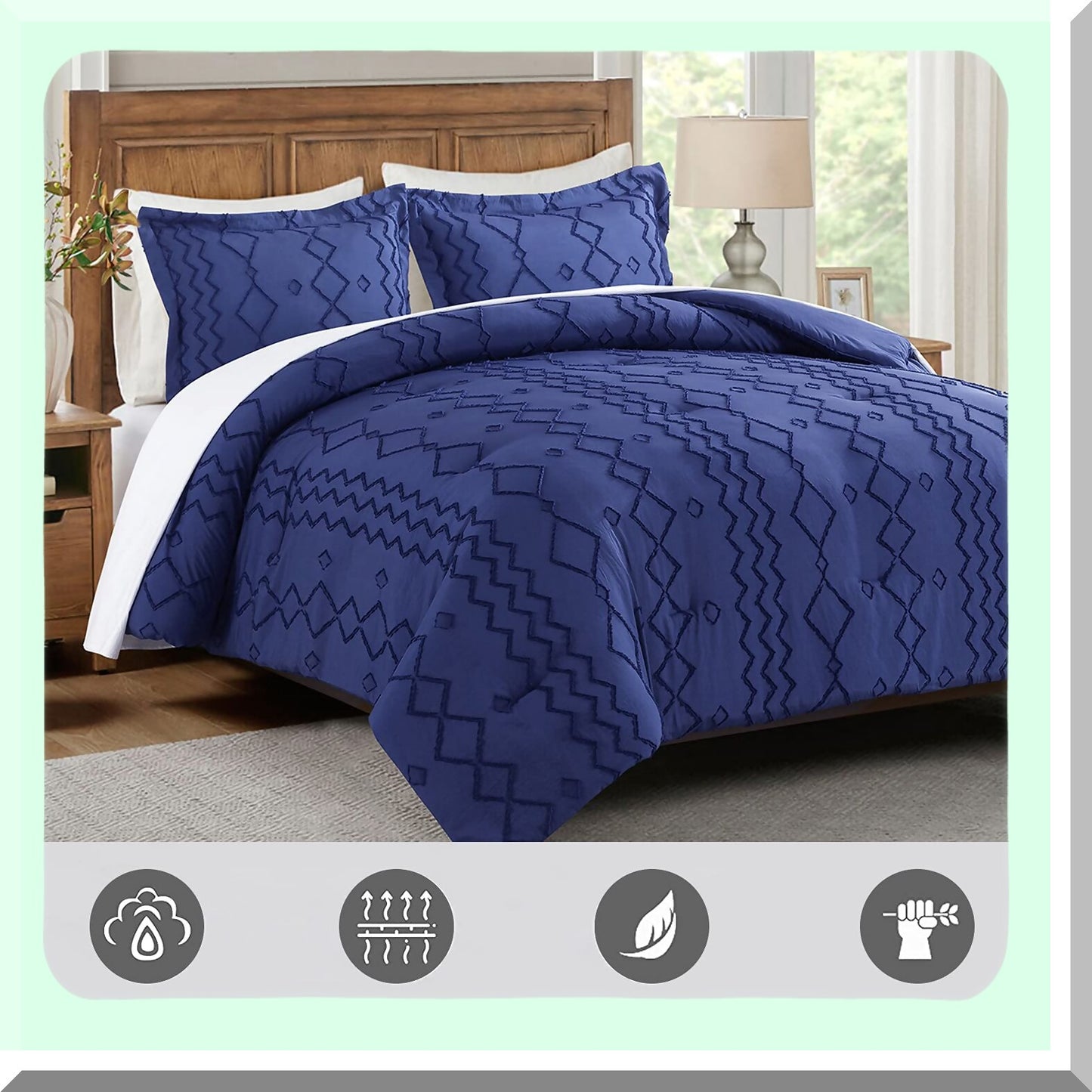 Navy Jacquard Tufted Comforter Set - Queen Size 3 Piece Bedding Set with Pillowcases. Shabby Chic Geometric Design for All Seasons.
