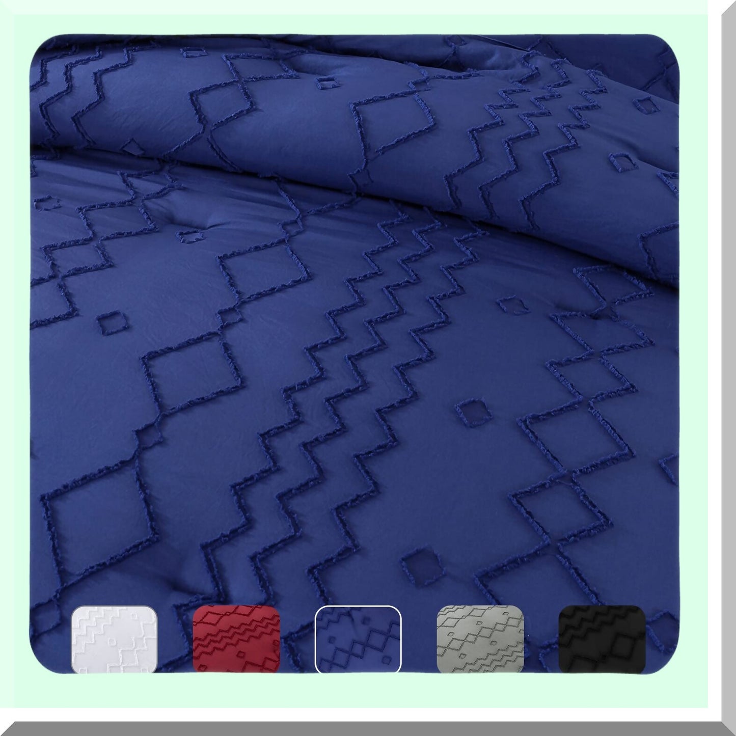 Navy Jacquard Tufted Comforter Set - Queen Size 3 Piece Bedding Set with Pillowcases. Shabby Chic Geometric Design for All Seasons.
