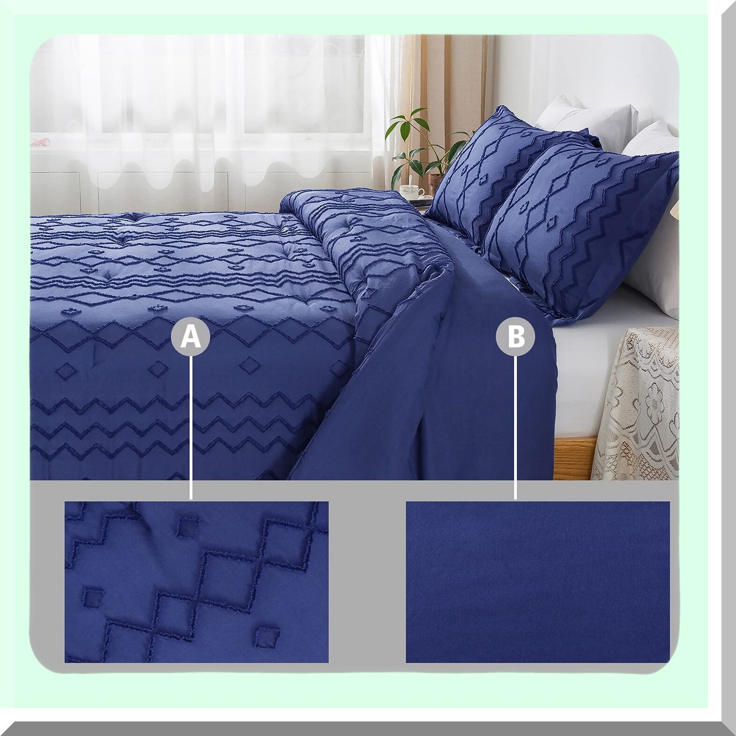 Navy Jacquard Tufted Comforter Set - Queen Size 3 Piece Bedding Set with Pillowcases. Shabby Chic Geometric Design for All Seasons.