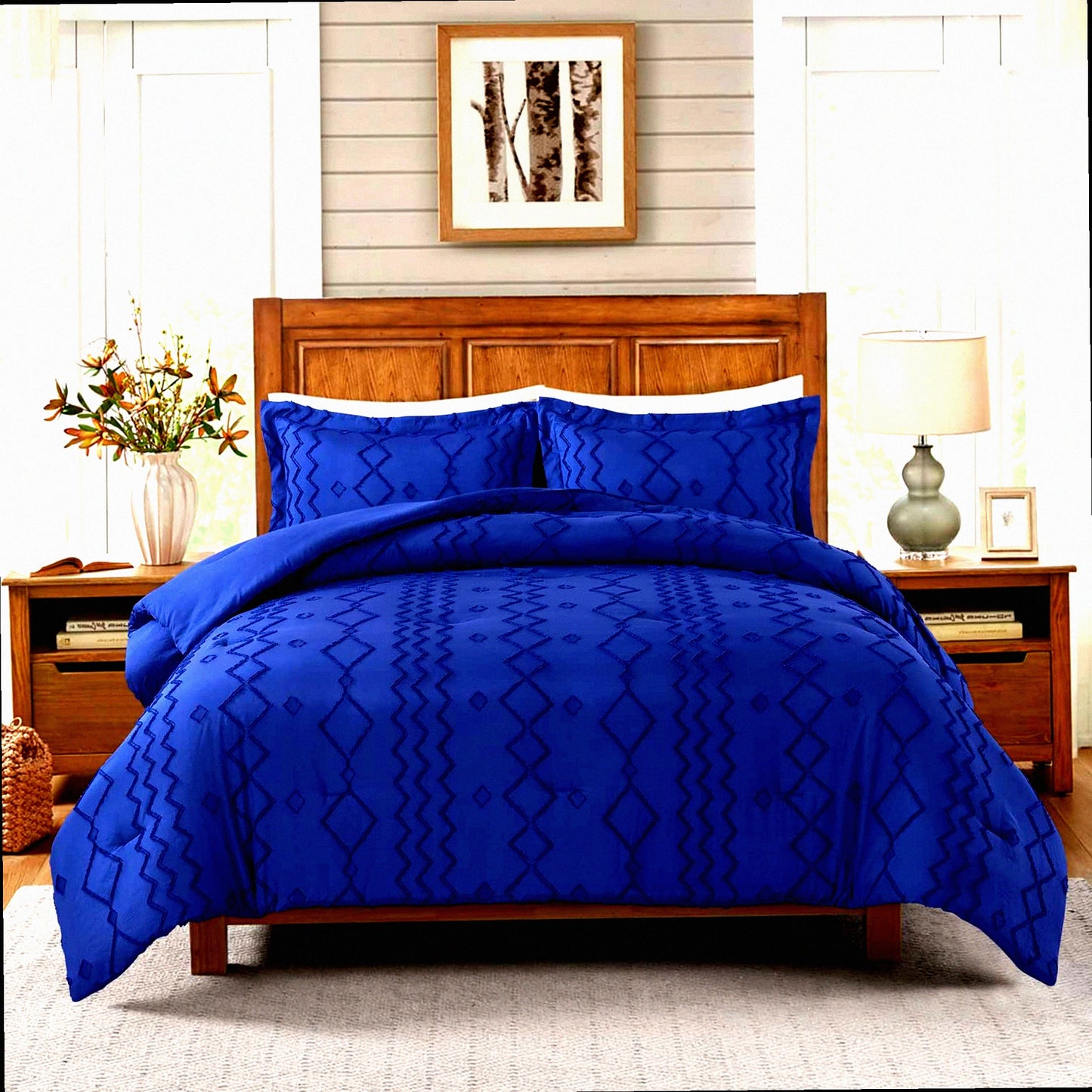 Navy Jacquard Tufted Comforter Set - Queen Size 3 Piece Bedding Set with Pillowcases. Shabby Chic Geometric Design for All Seasons.