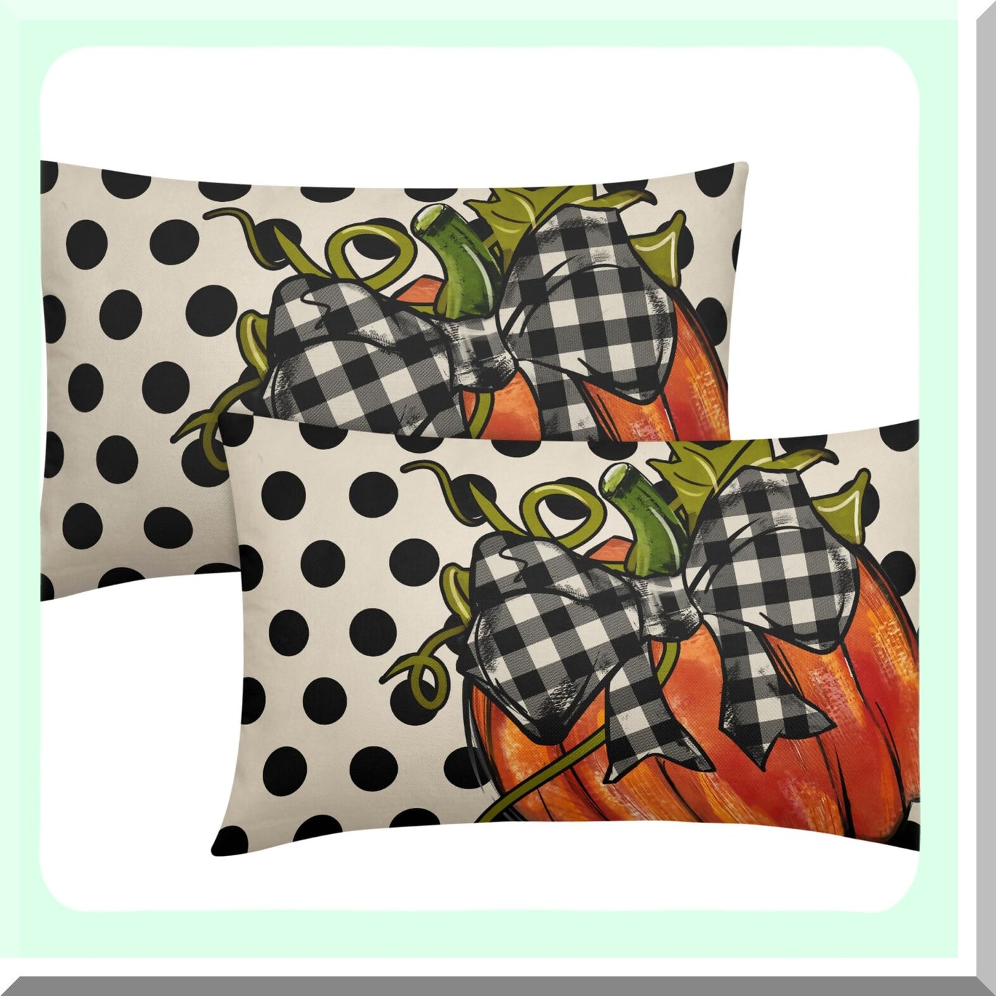 Autumn Harvest Lumbar Pillow Covers - Set of 2 Thanksgiving Orange Pumpkin Throw Pillows - Outdoor Black White Polka Dot Decorative Linen Cushion Covers for Couch Sofa - Rustic Fall Decor
