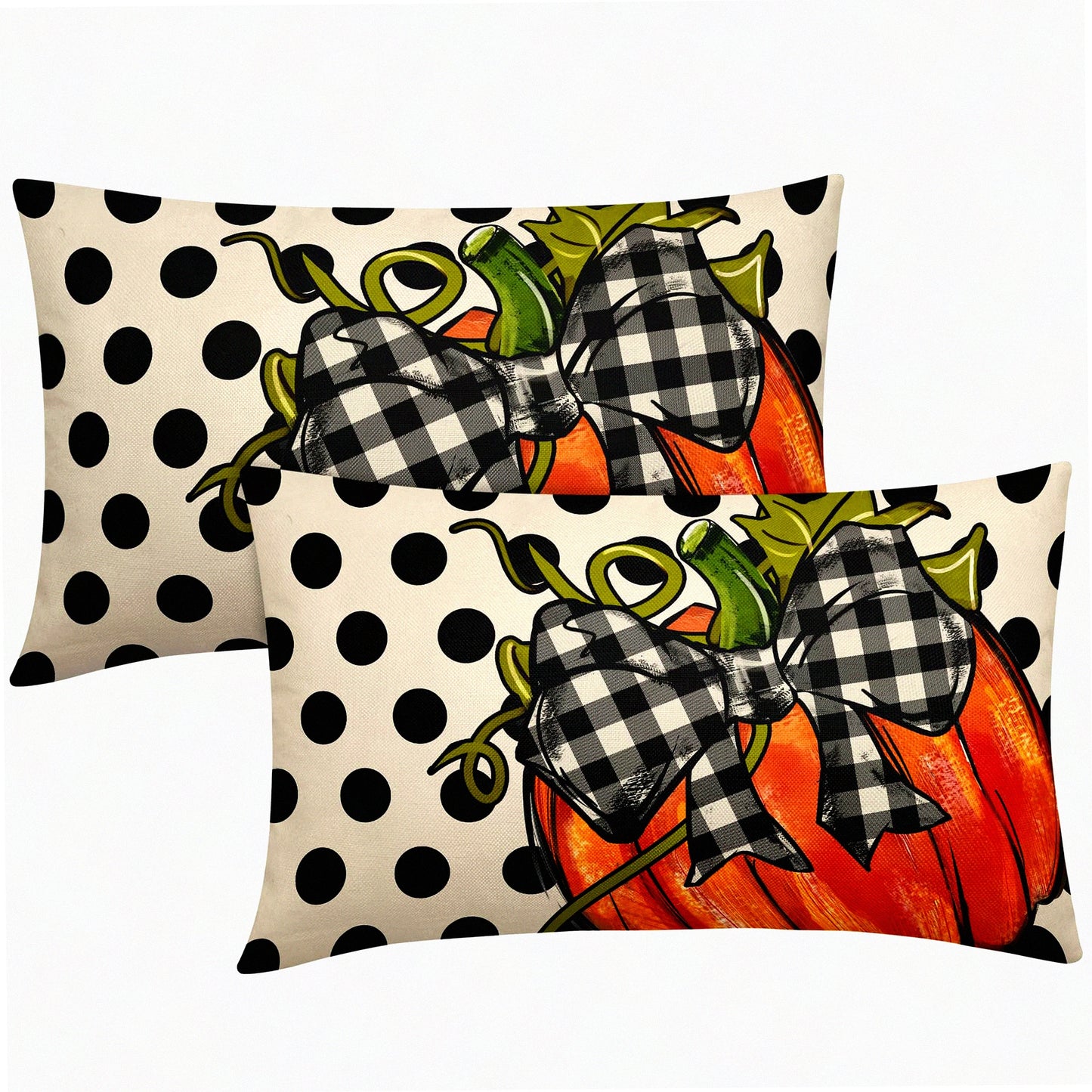 Autumn Harvest Lumbar Pillow Covers - Set of 2 Thanksgiving Orange Pumpkin Throw Pillows - Outdoor Black White Polka Dot Decorative Linen Cushion Covers for Couch Sofa - Rustic Fall Decor