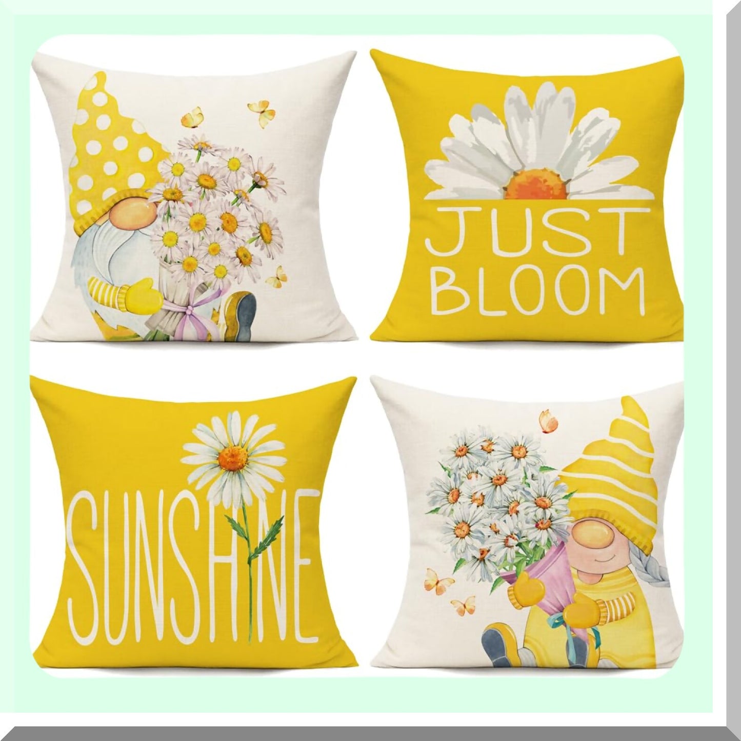 Sunshine Gnome Pillow Covers - Set of 4 Outdoor Yellow 18x18 Cushion Cases for Patio, Couch, Chair, Sofa. Spring Summer Decor with Daisy Floral Design.