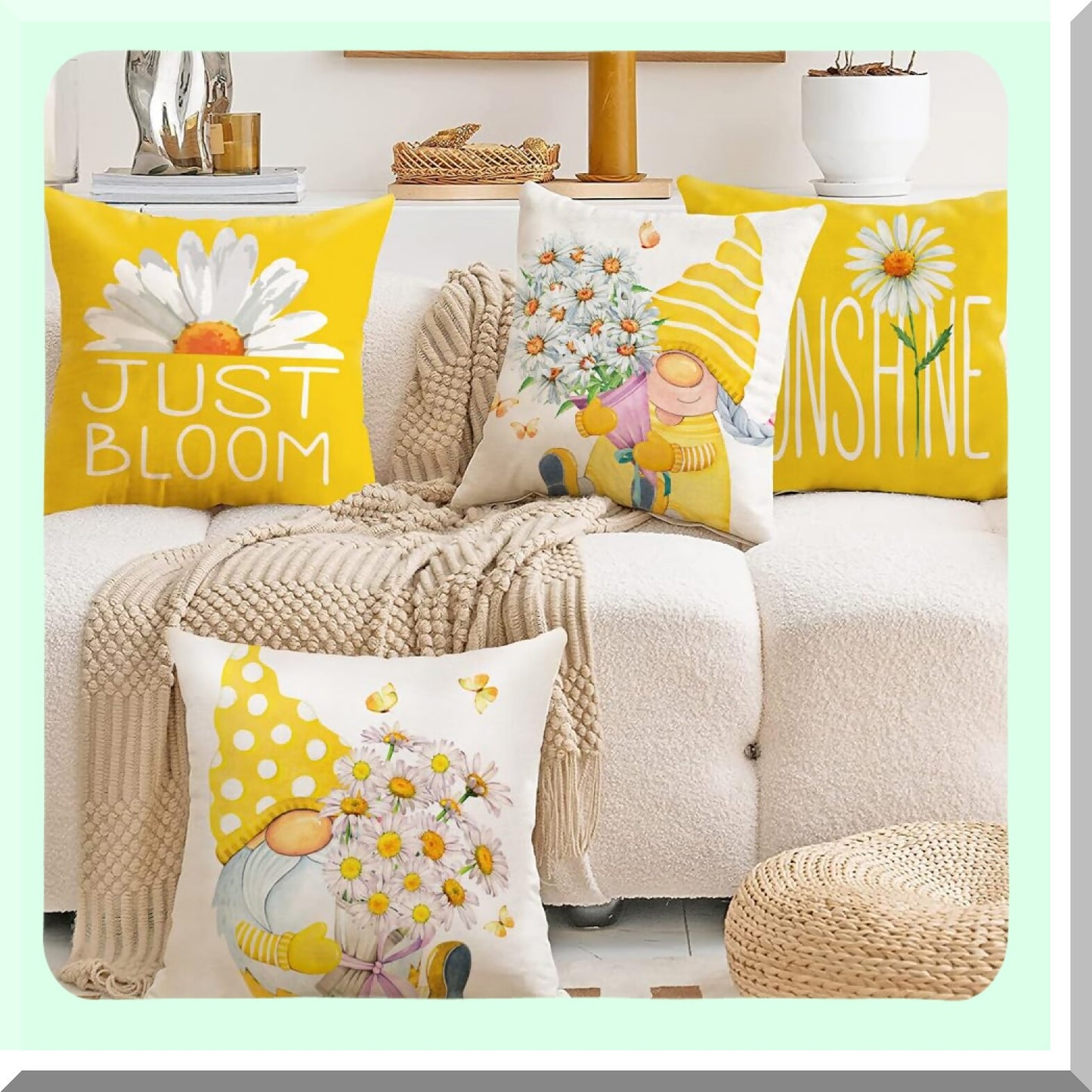 Sunshine Gnome Pillow Covers - Set of 4 Outdoor Yellow 18x18 Cushion Cases for Patio, Couch, Chair, Sofa. Spring Summer Decor with Daisy Floral Design.