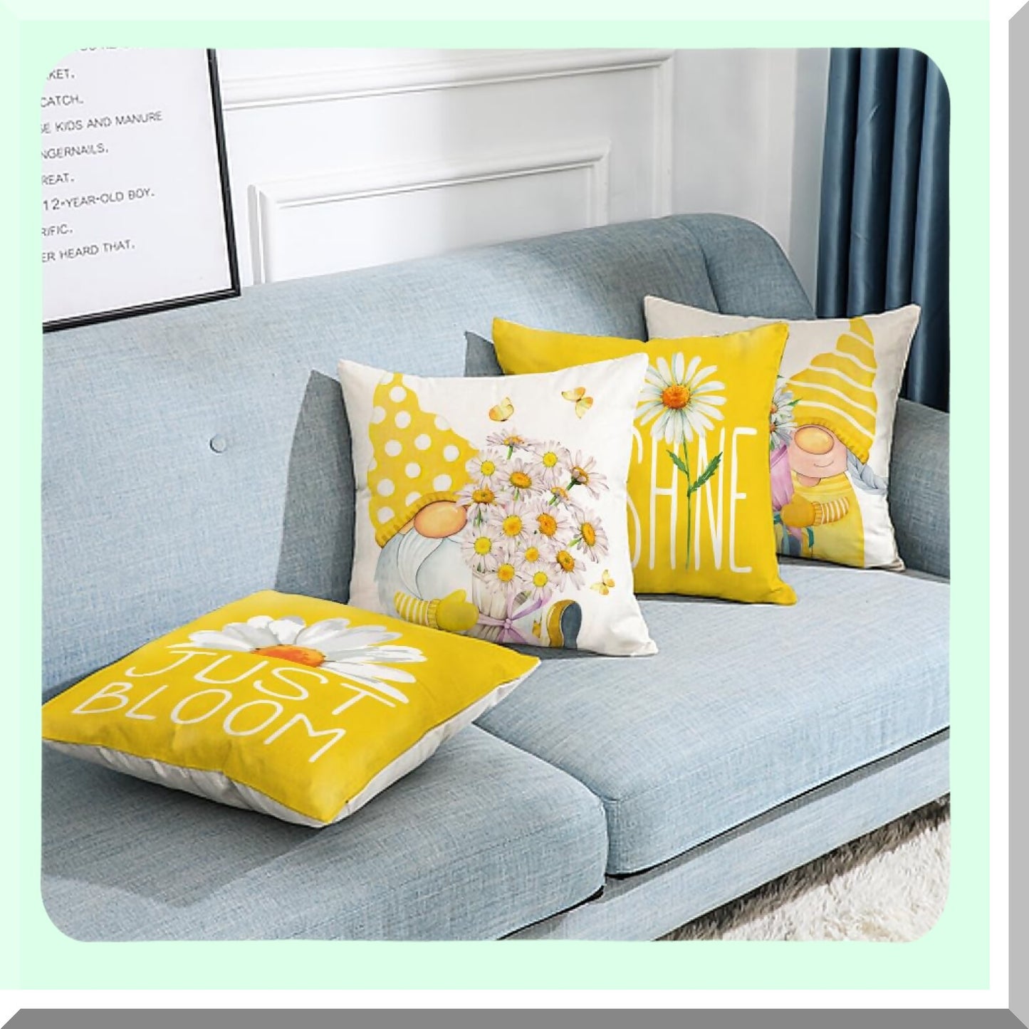 Sunshine Gnome Pillow Covers - Set of 4 Outdoor Yellow 18x18 Cushion Cases for Patio, Couch, Chair, Sofa. Spring Summer Decor with Daisy Floral Design.