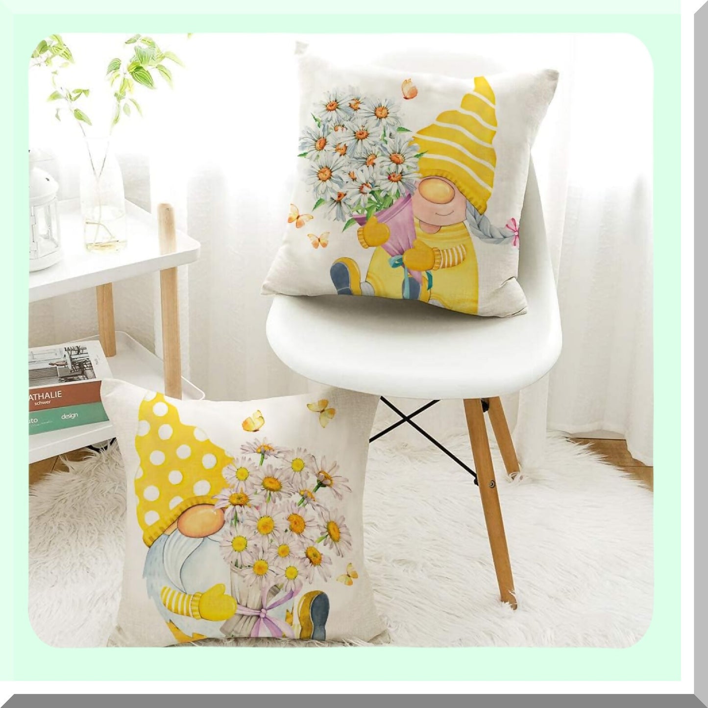 Sunshine Gnome Pillow Covers - Set of 4 Outdoor Yellow 18x18 Cushion Cases for Patio, Couch, Chair, Sofa. Spring Summer Decor with Daisy Floral Design.