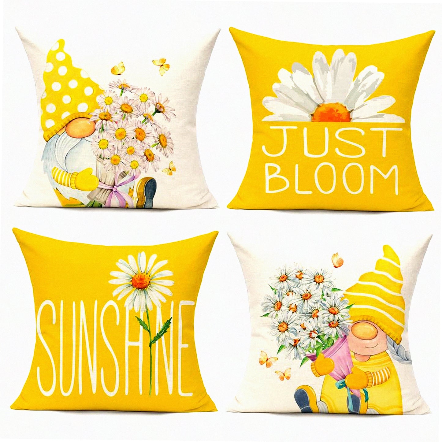 Sunshine Gnome Pillow Covers - Set of 4 Outdoor Yellow 18x18 Cushion Cases for Patio, Couch, Chair, Sofa. Spring Summer Decor with Daisy Floral Design.