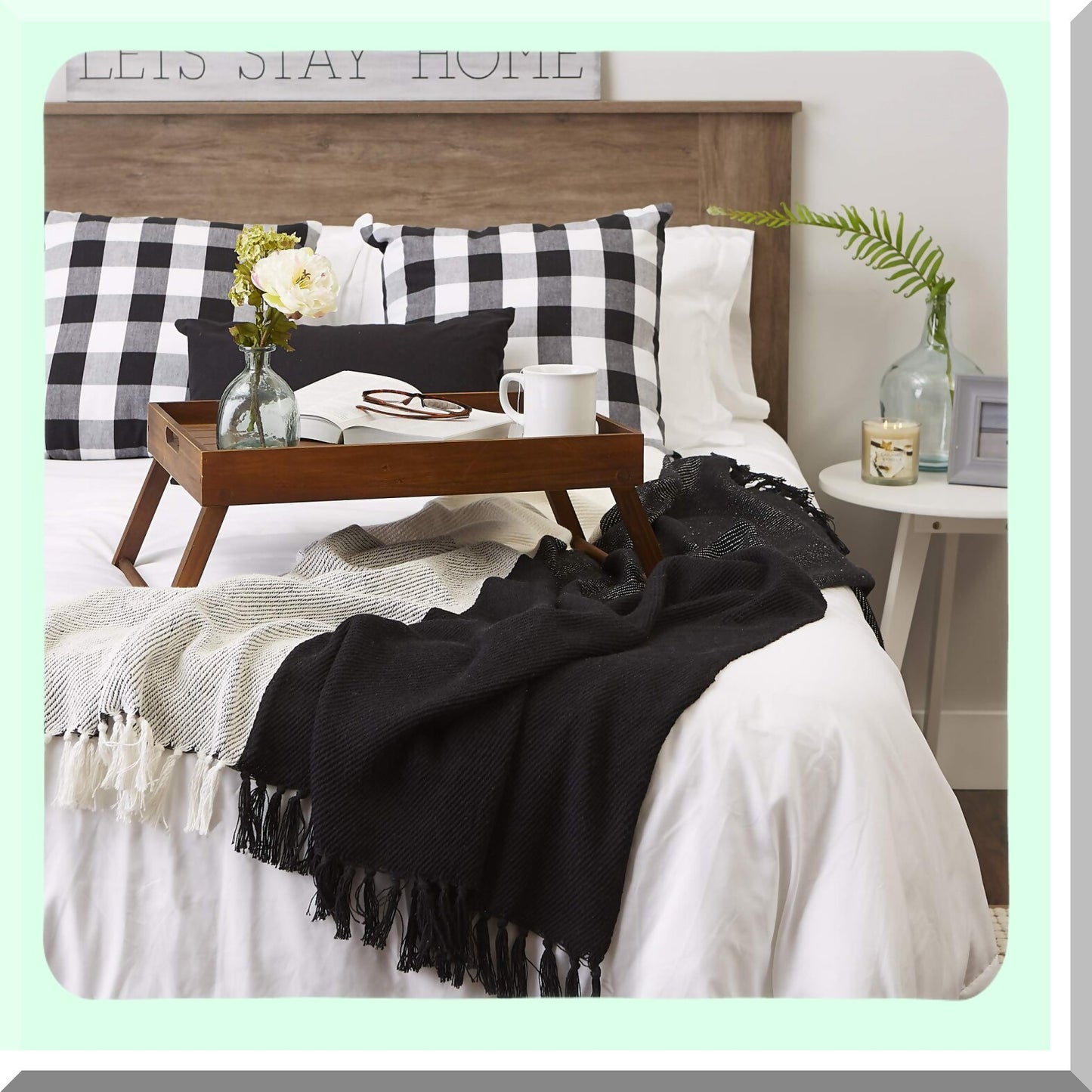 CozyGrid Cotton Woven Throw Blanket, 50x60 with 3" Fringe, Black and White"